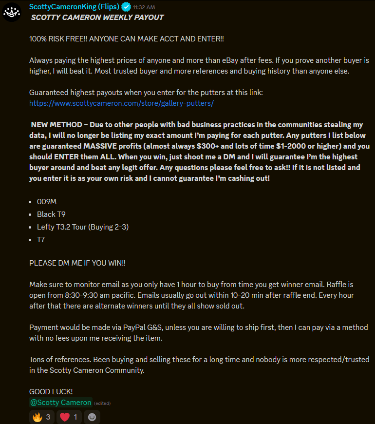 Scotty Cameron putter raffle