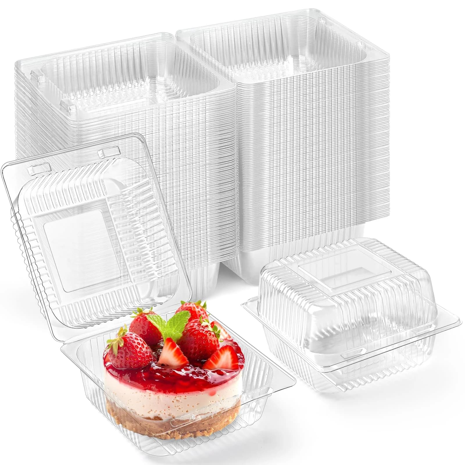 100 Piezas Contenedores de Alimentos de Plástico Transparentes con Bisagras y Tapas, Contenedores Cuadrados para Rebanadas de Pastel, 5.2x4.9x2.8 In, Contenedores Desechables Tipo Almeja para Llevar para Pasteles, Galletas, Pasta, Sándwiches, Ensalada