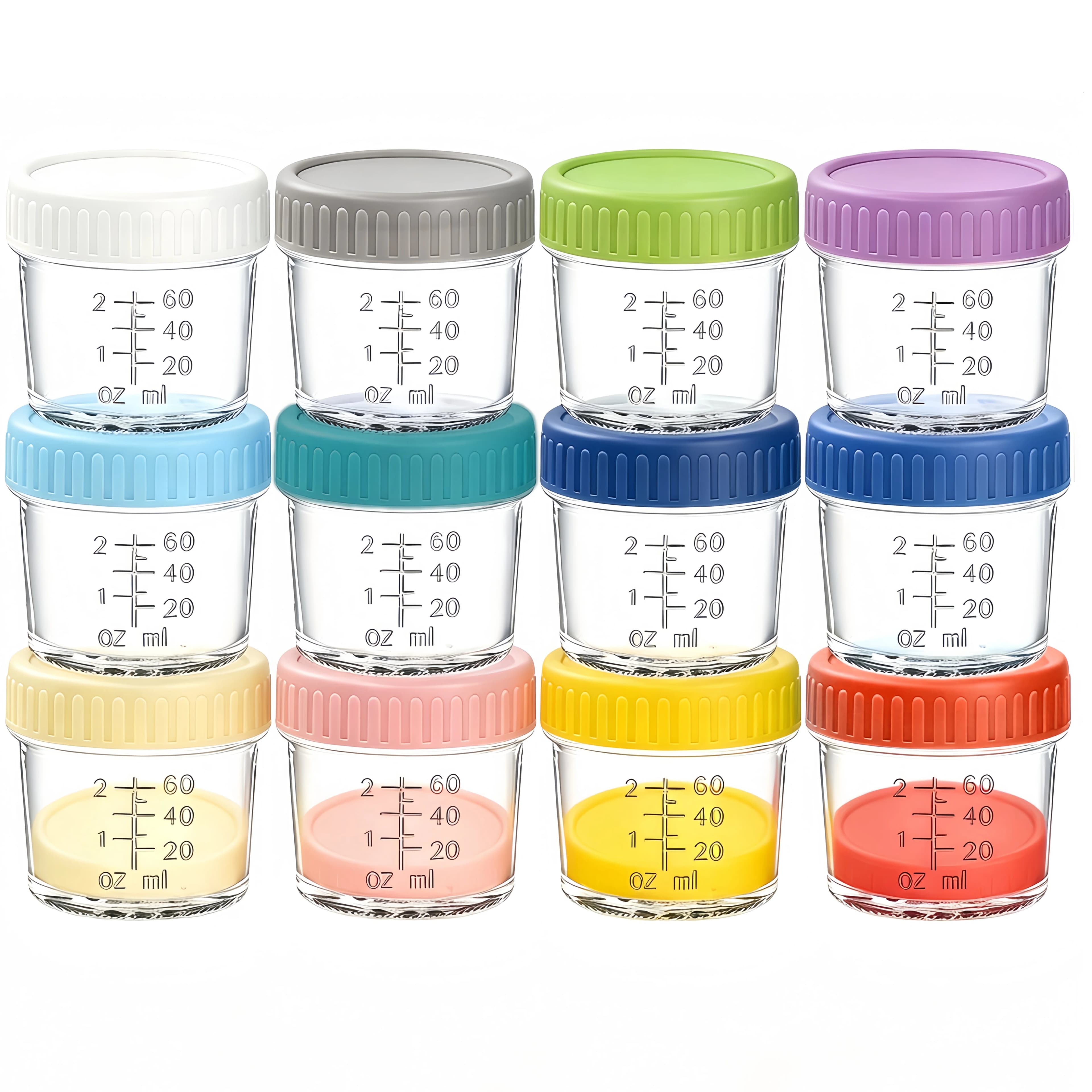 Paquete de 12 Frascos Mini de Vidrio de 4 Oz Tipo Mason con Marcas de Medición, Pequeños Contenedores de Almacenamiento de Vidrio con Tapas Herméticas Coloridas, Frascos a Prueba de Fugas para Especias para Comida de Bebé, Miel, Mermelada, Cosméticos, Esenciales de Viaje