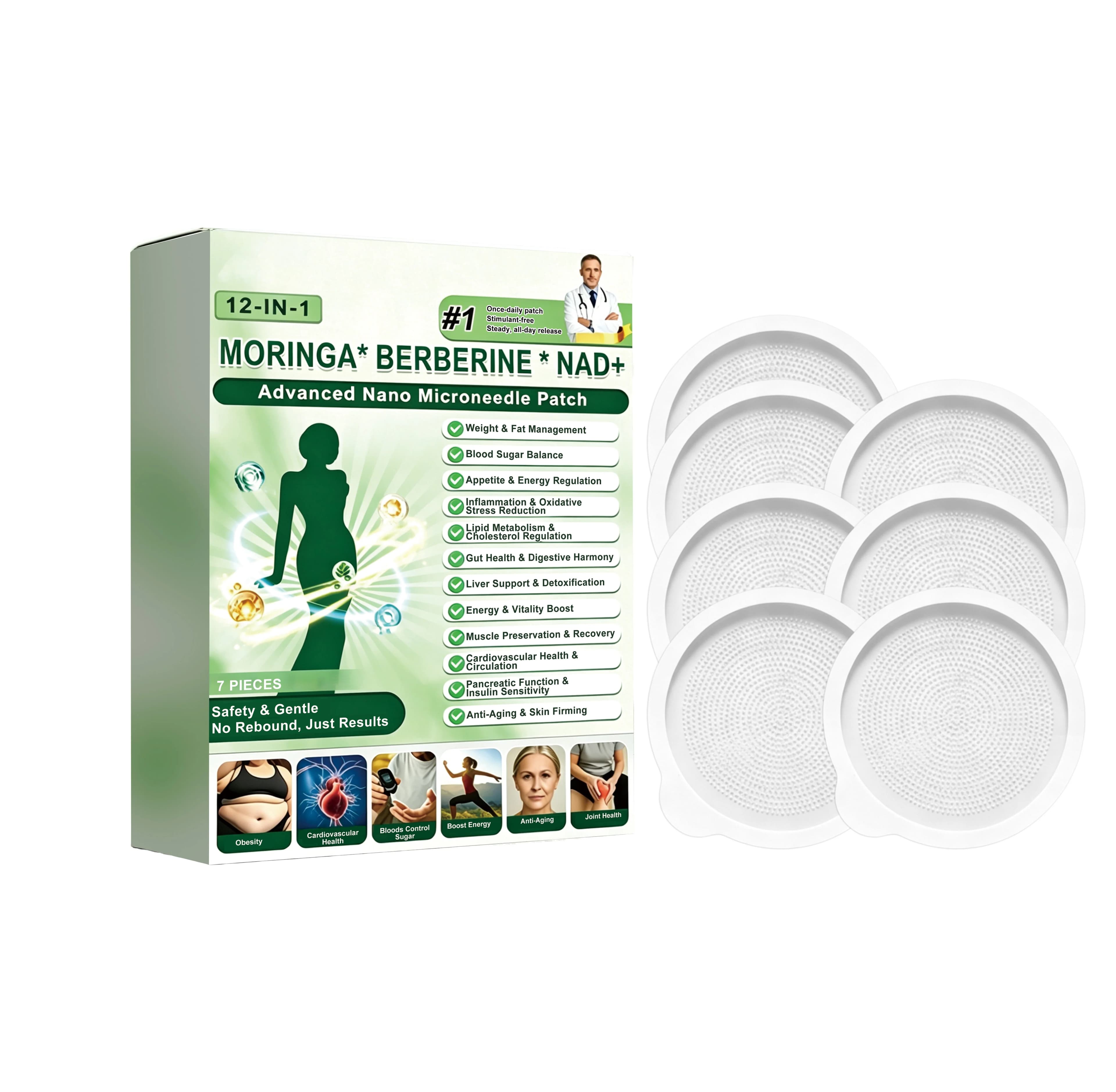 12-in-1 Nano Microdarts Patch, Natural Microneedle Patches for All Skin Types, Women Men Home Use, 7 Patches per Box