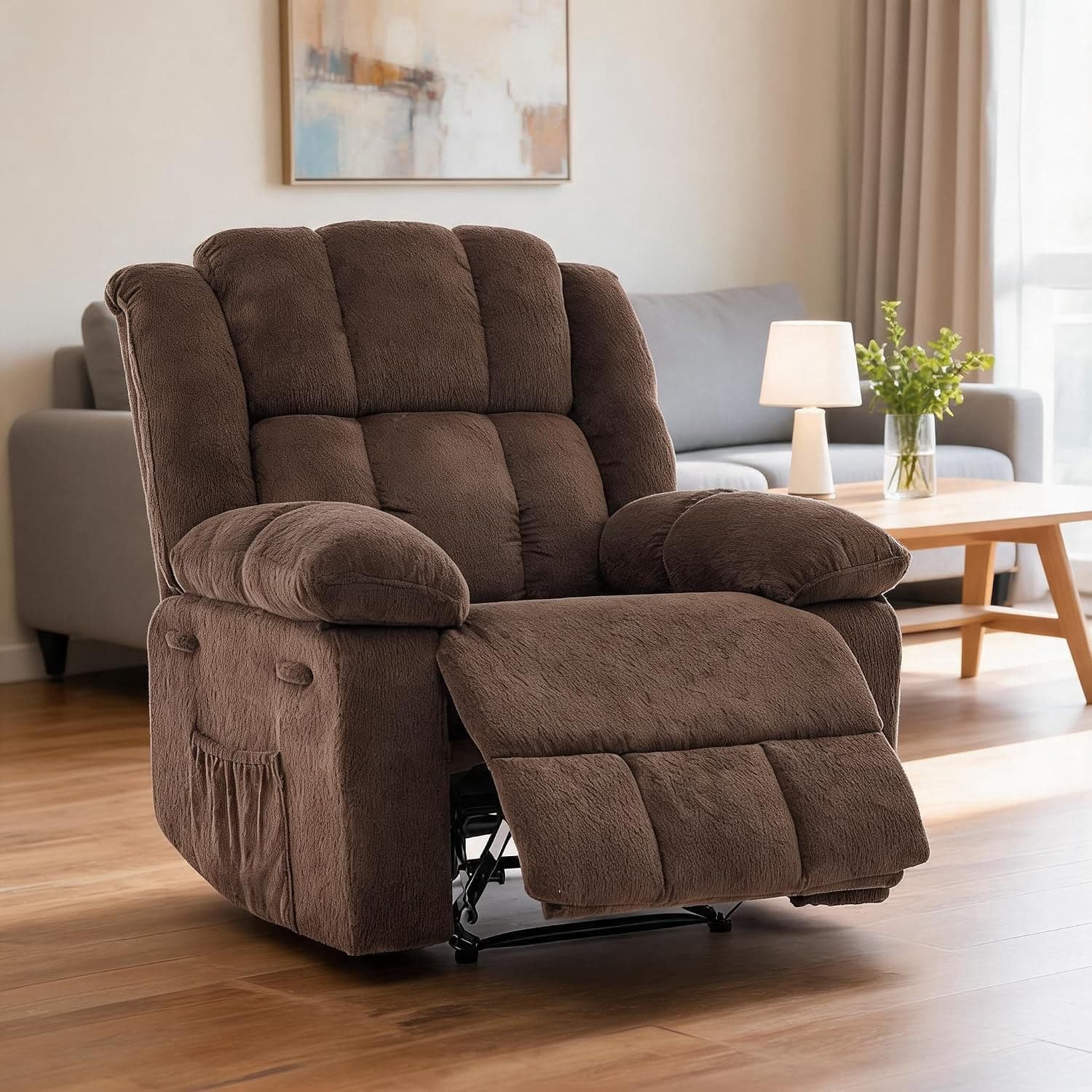 155 Manual Recliner Chair for Adults, Extra Wide Upholstered Reclining Chair with Footrest, Ergonomic Oversized Sofa Chair, Heavy Duty Living Room Recliner Supports 350 lbs,Brown
