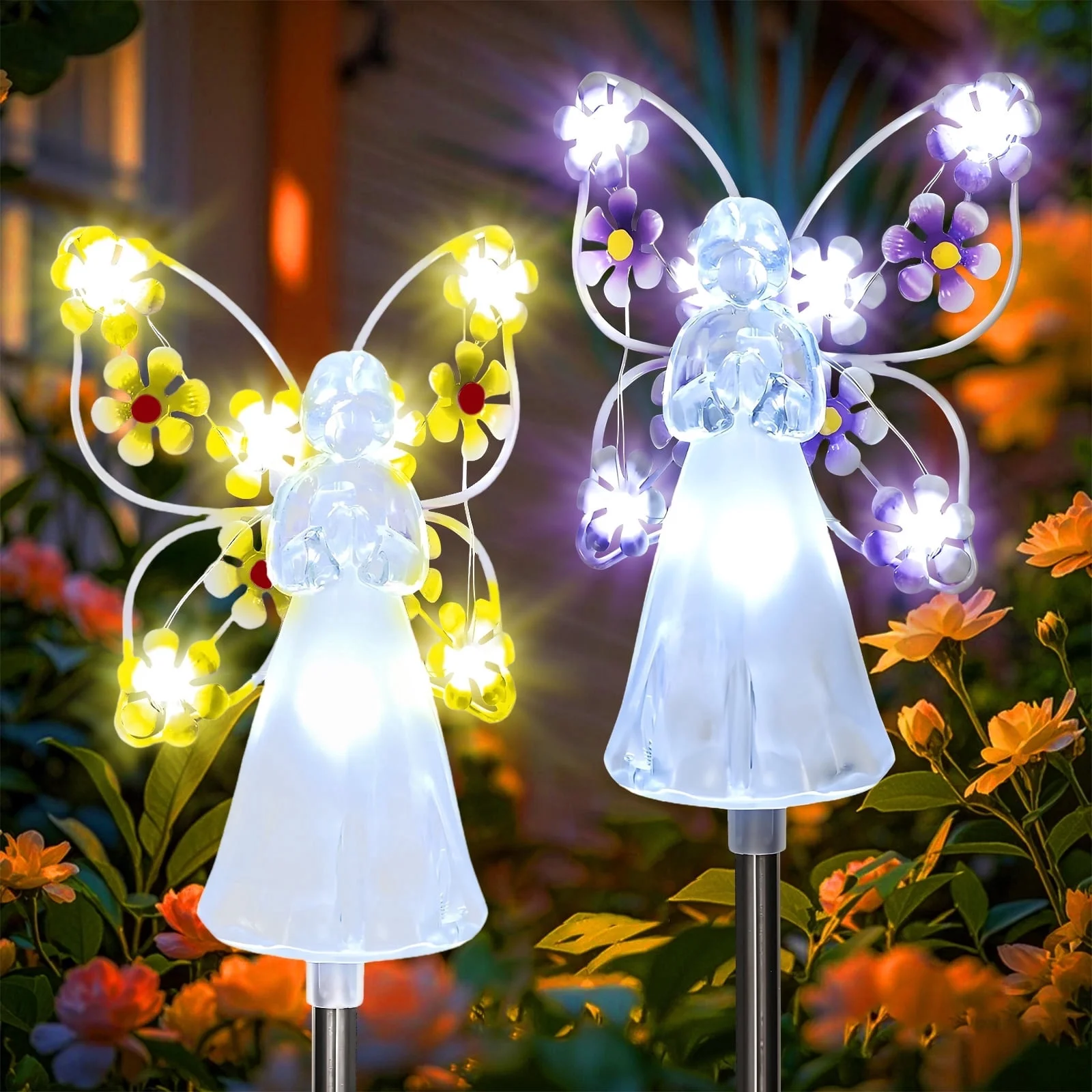 Rirool Luces Solares de Estaca para Jardín con Ángel, Paquete de 2 Decoraciones Conmemorativas LED Amarillas y Moradas, Luces de Sendero Exteriores Impermeables de 31.1 Pulgadas para Cementerio, Tumba, Patio y Arriate de Flores