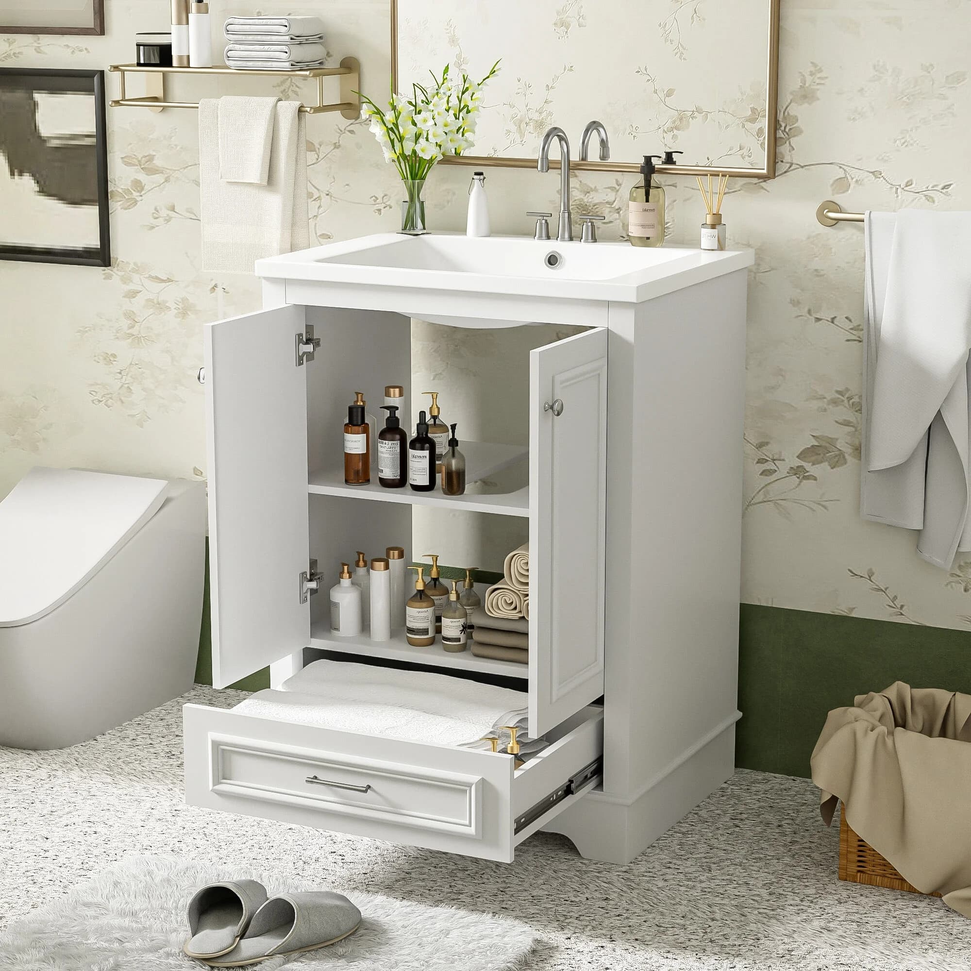 24 inch Bathroom Vanity with Ceramic Sink Combo, Modern Freestanding Storage Cabinet with Soft Closing Doors and Silver Handles, Space Saving Design for Small Bathrooms