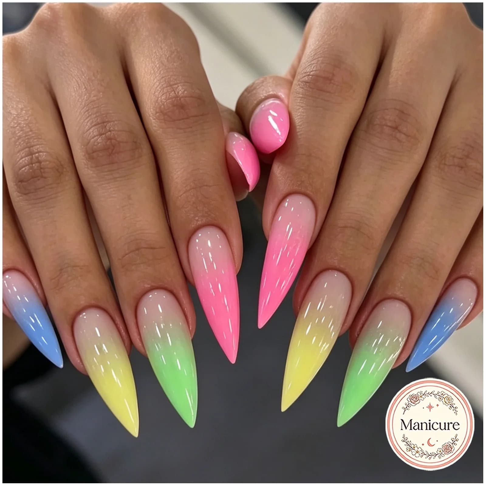 24Pcs Long Stiletto Press On Nails, Reusable Acrylic Stick On Nails, Pastel Rainbow Gradient Nude Tip Ombre Glossy Design, Fast Removal Manicure, Portable Salon False Nails, Gifts for Women Girls