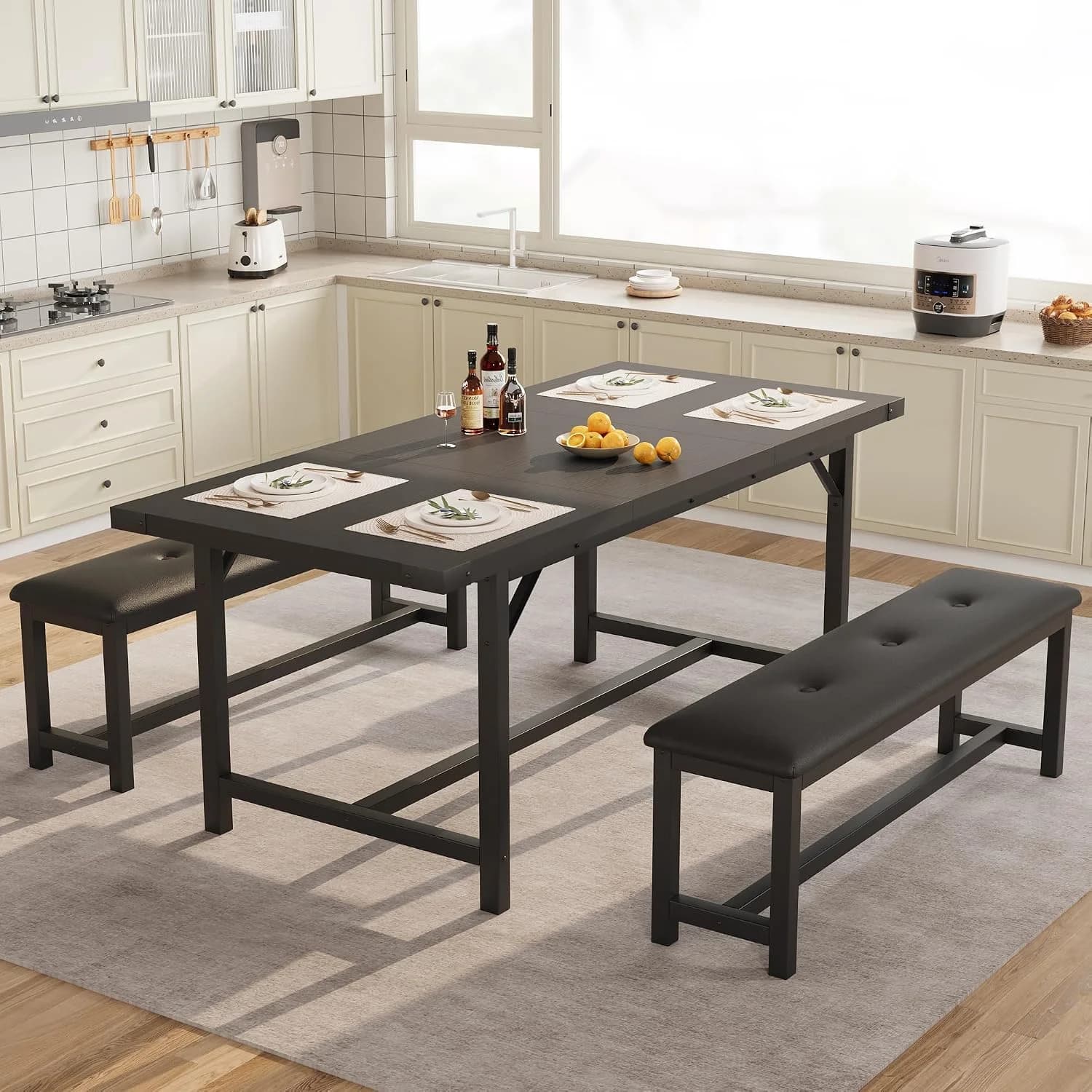 3-Piece Extendable Dining Table Set for 4-6, 63 Inch Kitchen Table with 2 Upholstered Benches, Space-Saving Industrial Style Dining Set for Kitchen, Living Room, Apartment,Black