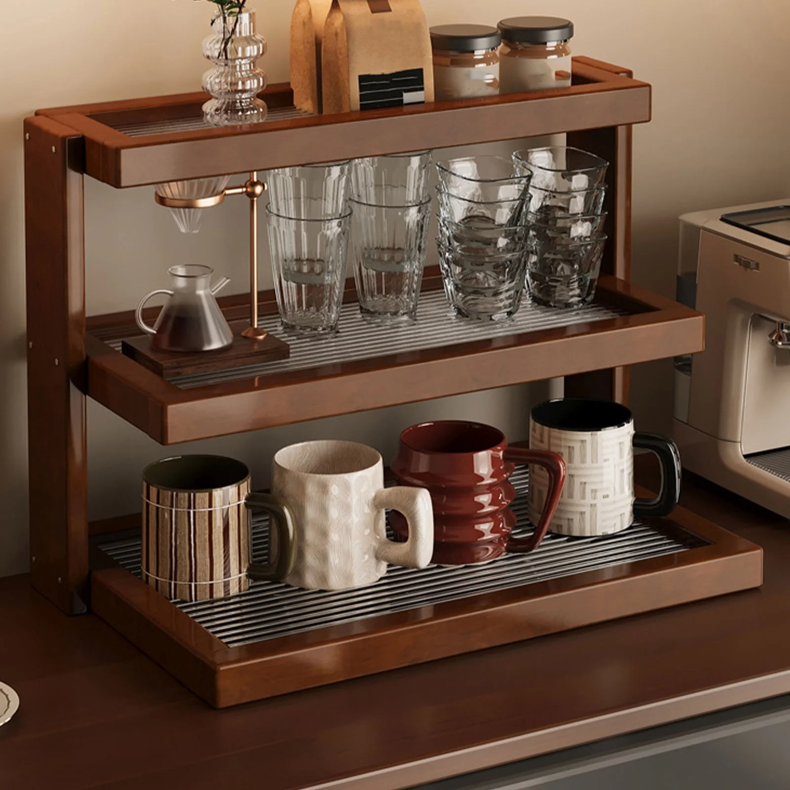 3-Tier Bamboo Wood & Acrylic Desktop Storage Rack, Tea Set Display Coffee Mug Holder Shelf Organizer, Decorative Wooden Stand for Kitchen Counter Dining Table Tea Room Brown