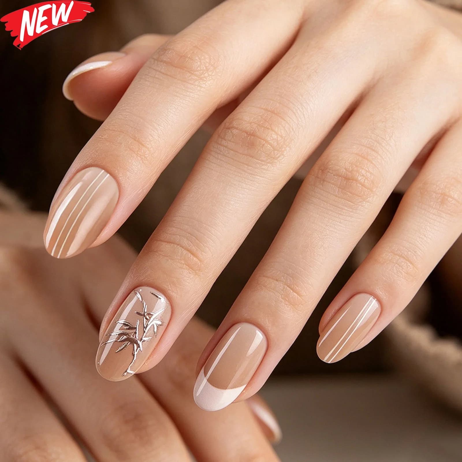30Pcs Medium Almond Press On Nails for Women, Nude Beige Fake Nails with Silver Bamboo Leaf & White Line French Tip, Removable Reusable Glue‑On False Nail Tips for Daily Commute Casual Manicure