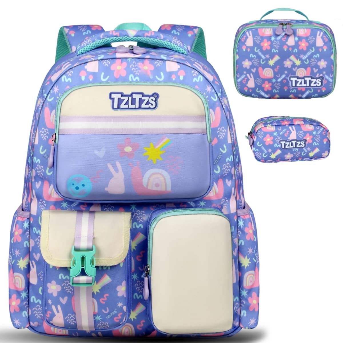 TZLTZS Girls Rainbow Backpack 3 Pc Set, Kids Bookbag with Insulated Lunch Bag & Pencil Case, Gift for Girls, 16 Inch Purple