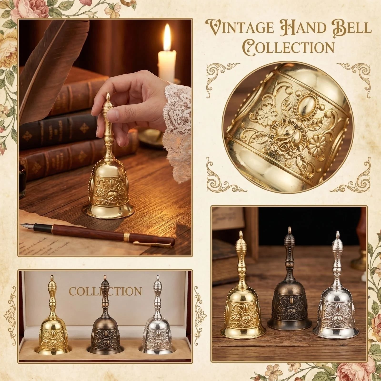 4.3"Vintage Brass Hand Bell Loud Call Bell for Bedside Dinner Wedding, Ornate Decorative Bell with Rose Embossing, Classic Service Bell for Christmas Holiday Party, Gold