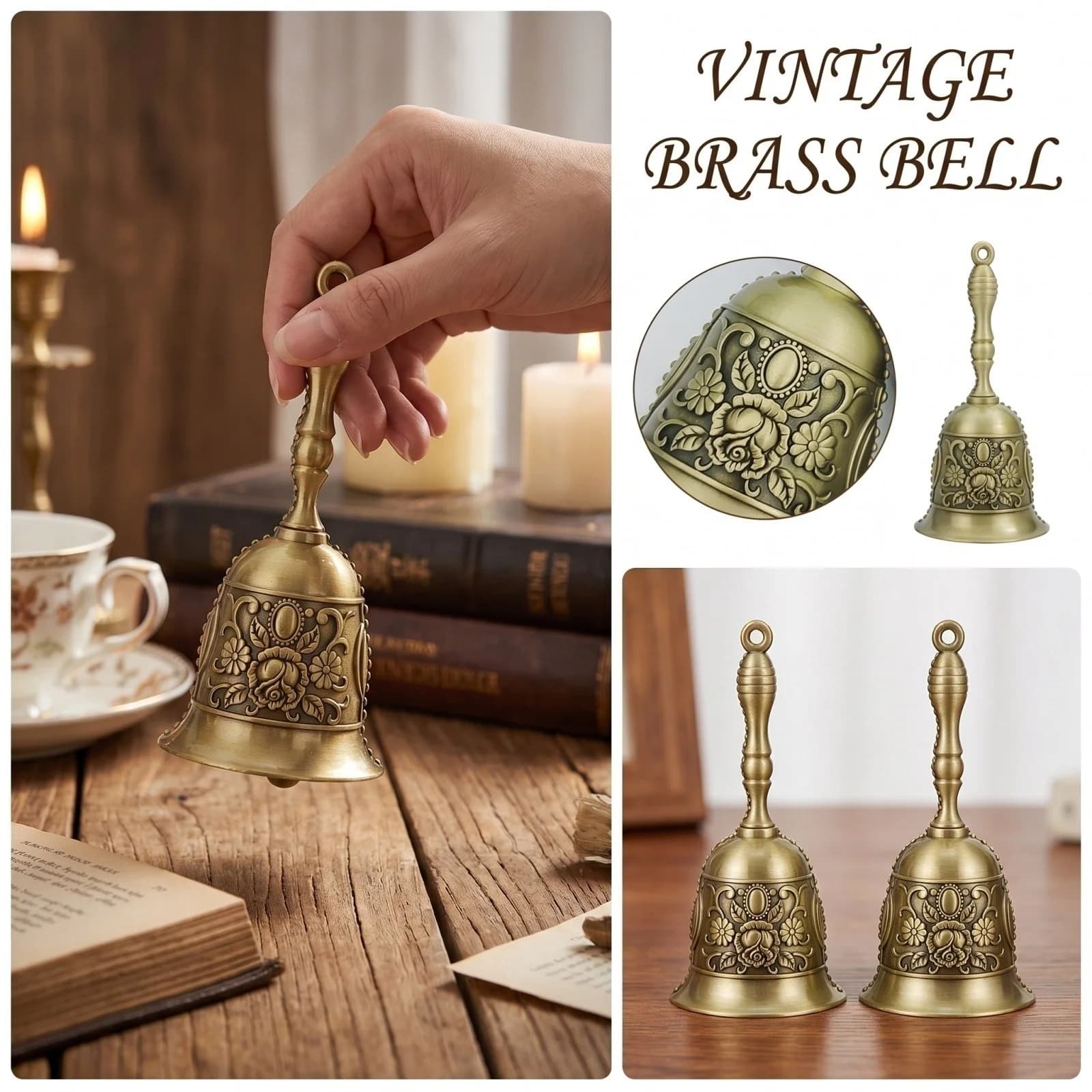 4.3"Vintage Brass Hand Bell Loud Call Bell for Bedside Dinner Wedding, Ornate Decorative Bell with Rose Embossing, Classic Service Bell for Christmas Holiday Party, BR