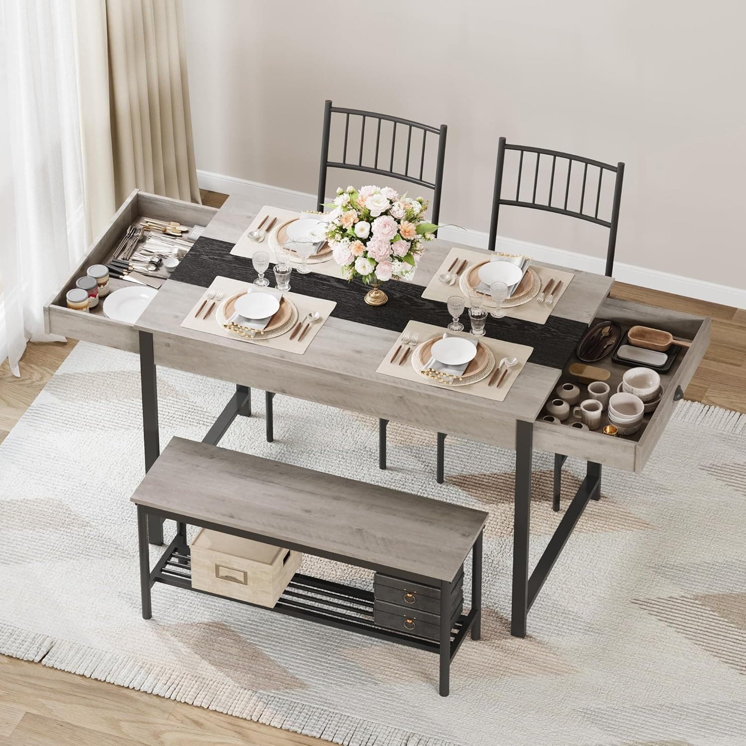 4-Piece Dining Table Set for 4, Rectangular Kitchen Table with Storage Drawers and Rack, 2 Chairs and Bench, Farmhouse Style Dining Room Furniture for Small Spaces,Gray