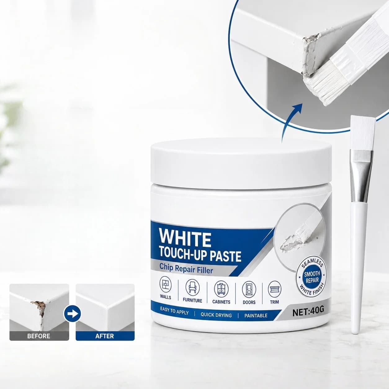 40g White Furniture Touch-Up Paste with Brush, Wood Filler & Wall Repair Cream for Scratches Chips Holes, Quick Drying Paintable Putty for Wooden Tables Cabinets Doors Floors Walls Trim