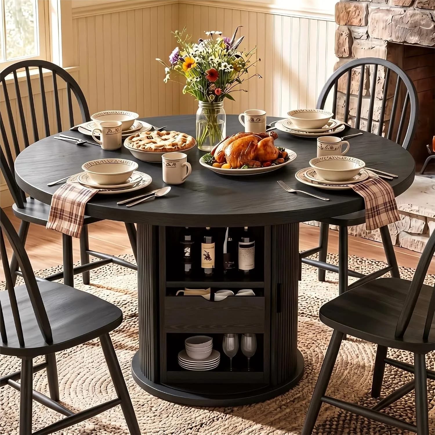 47 Inch Round Dining Table for 4-6, Farmhouse Kitchen Table with Two-Tier Storage Shelf and Drawer, Wooden Circle Table for Dining Room, Kitchen, Living Room, Table Only,Black