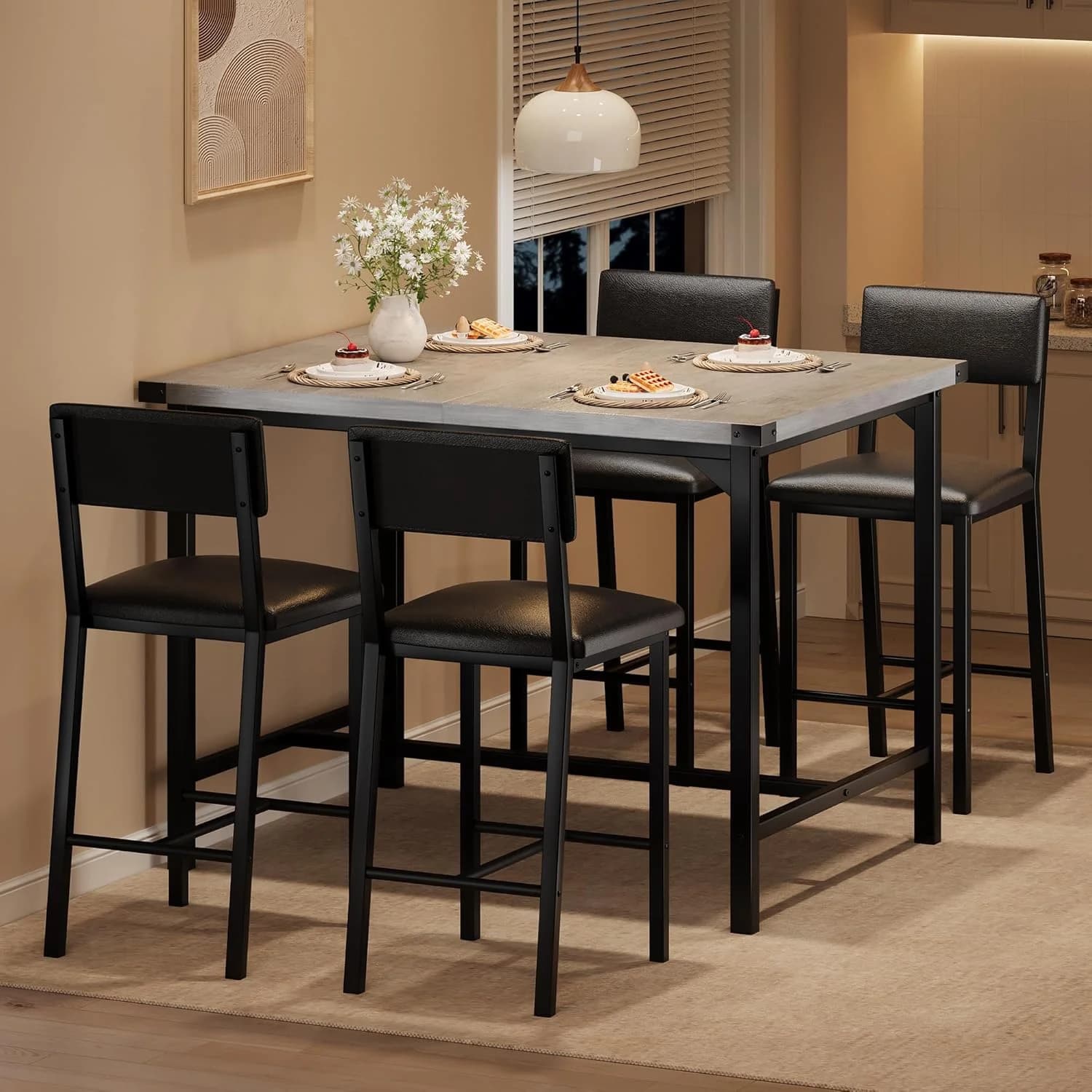 5-Piece Counter Height Dining Table Set for 4, 35.5 Inch High Top Table with 4 Upholstered Bar Chairs, Metal Corner Guards and H-Frame, Space-Saving Kitchen Dining Set,Gray