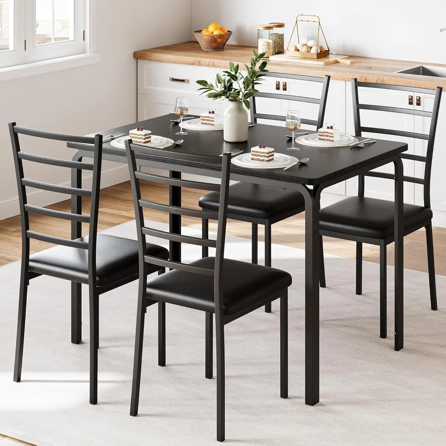5 Piece Dining Table Set for 4, Small Kitchen Table with 4 Upholstered Chairs, Space-Saving Wood Top and Metal Frame for Apartment, Kitchen Use,Black