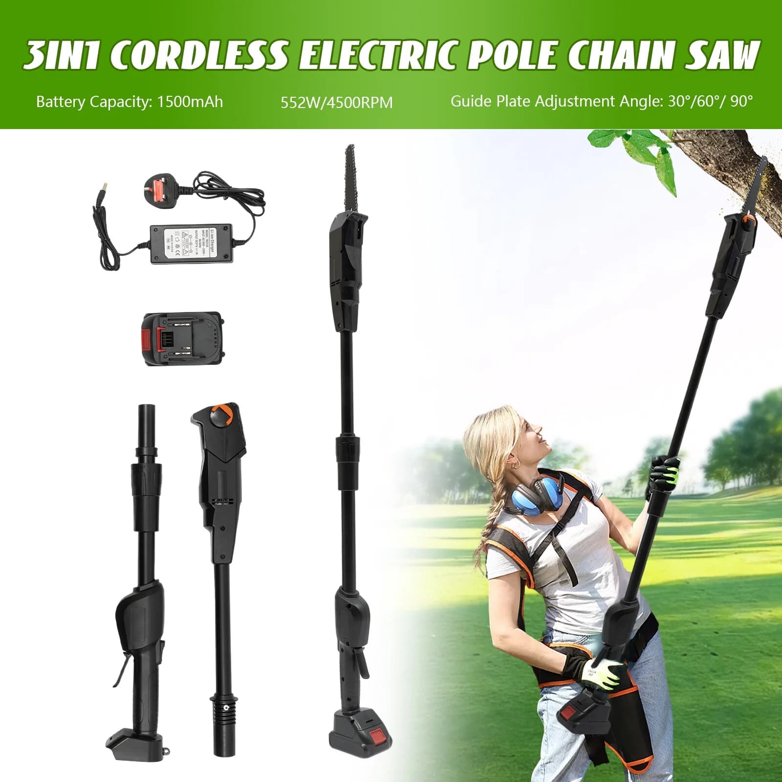 552W Cordless Electric Pole Saw with 4.1 FT Extendable Detachable Shaft, Lightweight Tree Trimming Branch Cutter, Low Noise Powered Pruner with 1500mAh Battery & Standard Charger