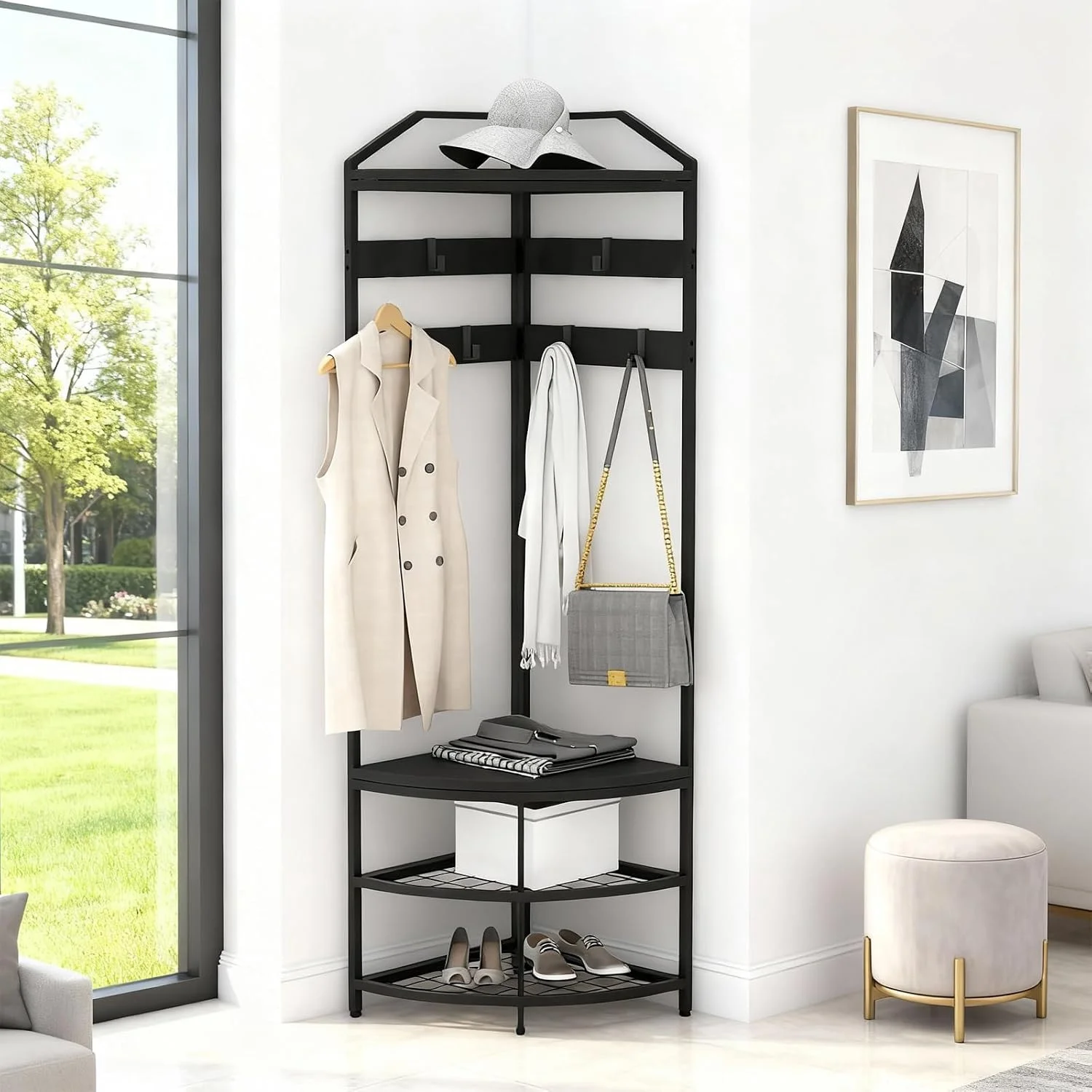 71.3 In Corner Coat Rack with 4 Shelves and 6 Hooks Hall Tree Shoe Storage Organizer for Entryway Bedroom and Office