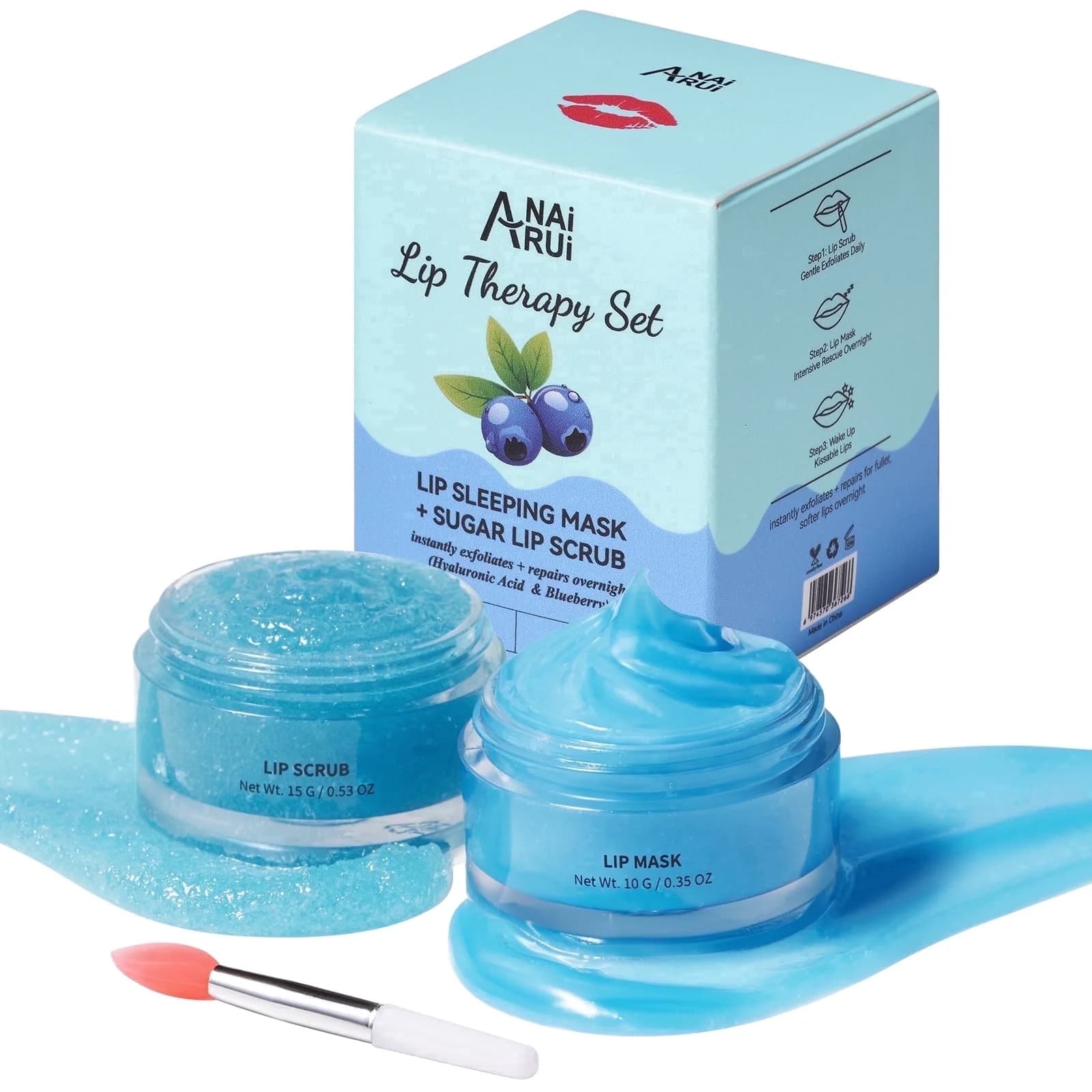 ANAiRUi Lip Care Set, Sugar Scrub & Sleeping Mask, Blueberry, Overnight Moisturizing for Dry Lips