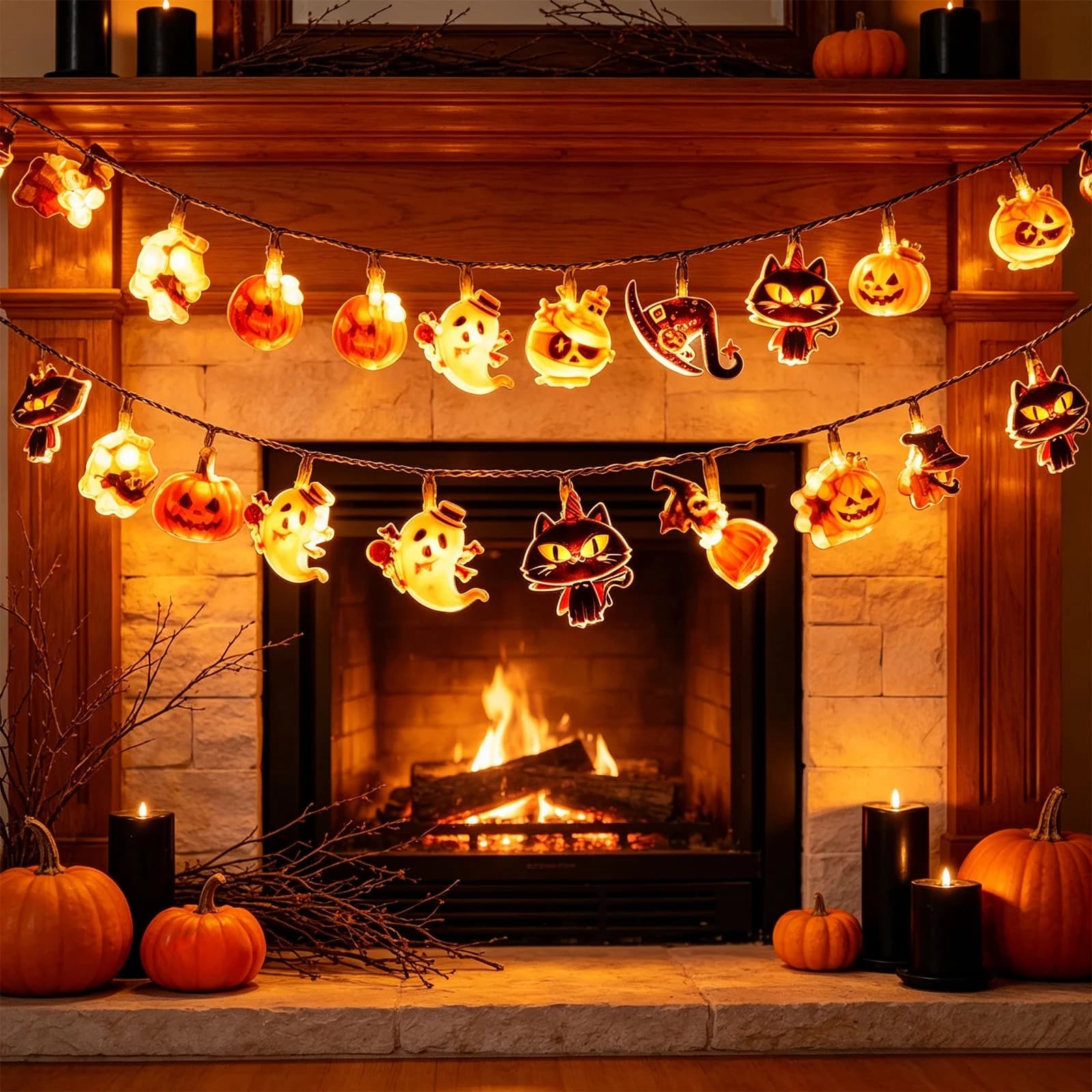 AURIGATE Halloween LED Light String, 59.06x3.94 in Plastic, Cat Pumpkin Ghost Battery Operated for Home Party Decor
