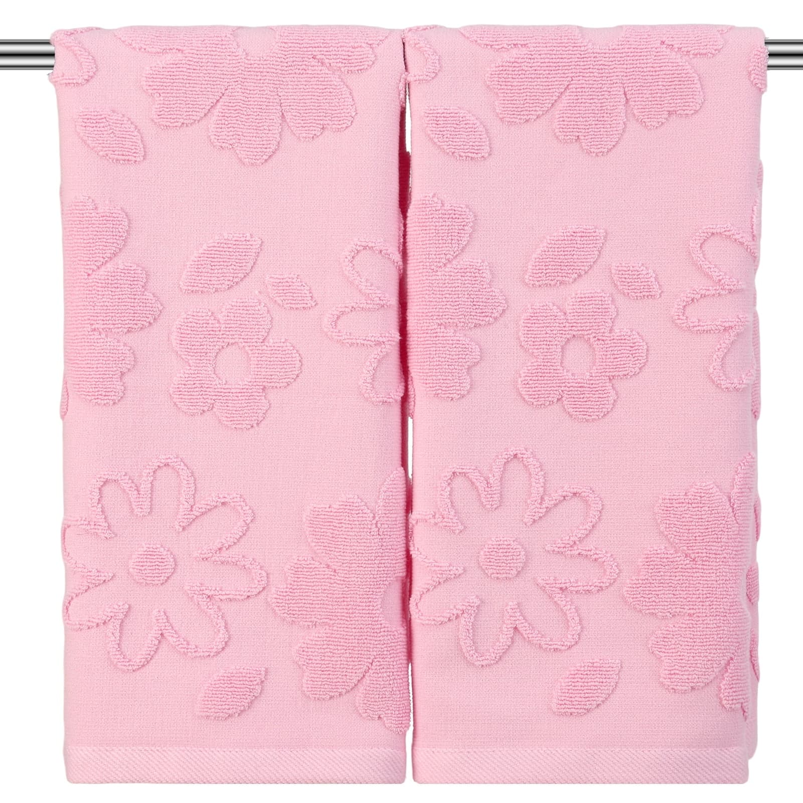 Abaima 2 Pcs Pink Floral Jacquard Hand Towels for Guest Room and Kitchen,Cotton Soft Absorbent Bathroom Decor Towels, 13.8 x 29.5 Inch