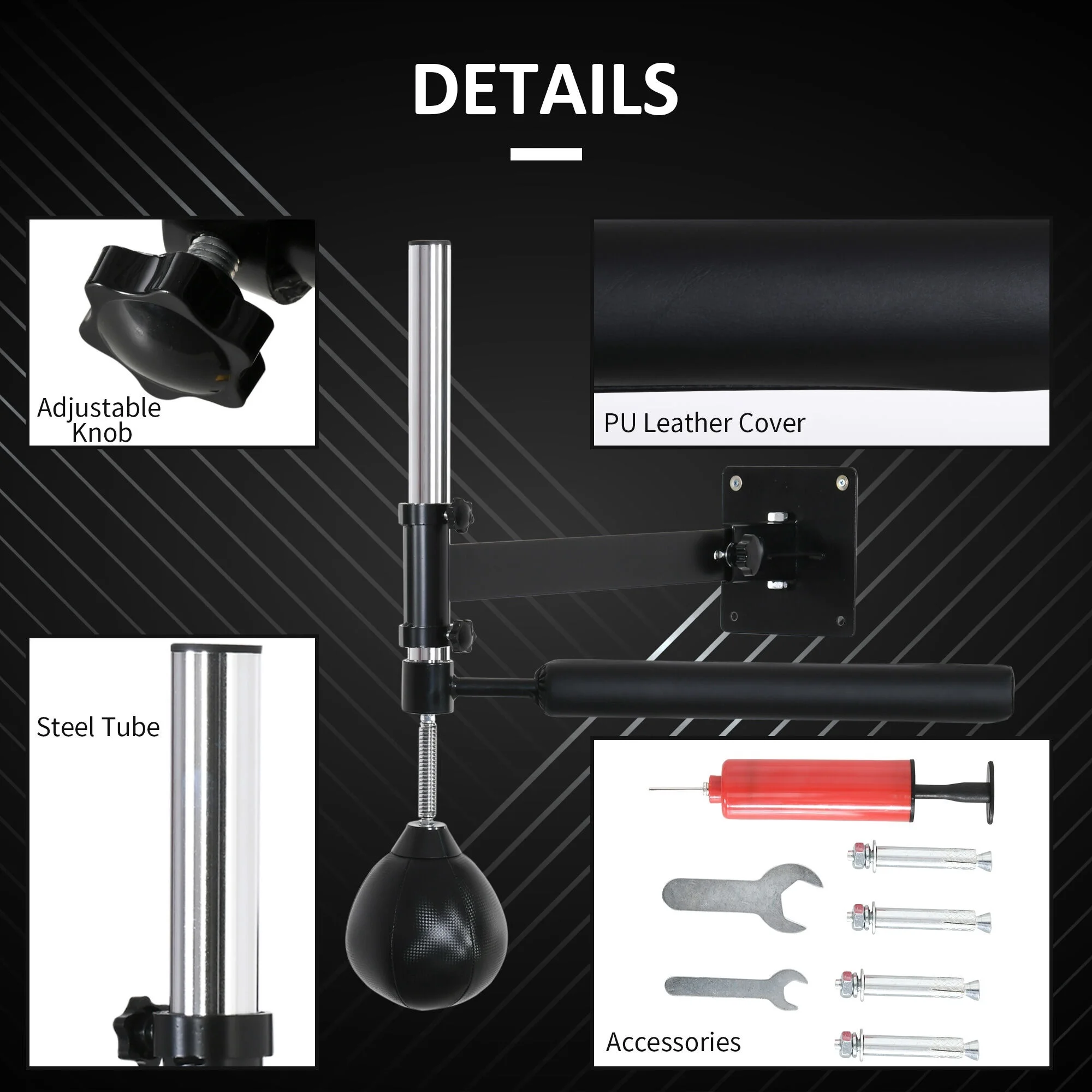 Adjustable Height Speed Bag for Boxing Training at Home, Lightweight Fast-Reflexes Punching Bag with Heavy-Duty Steel Wall Mount, 9 H x 7 Dia, Black