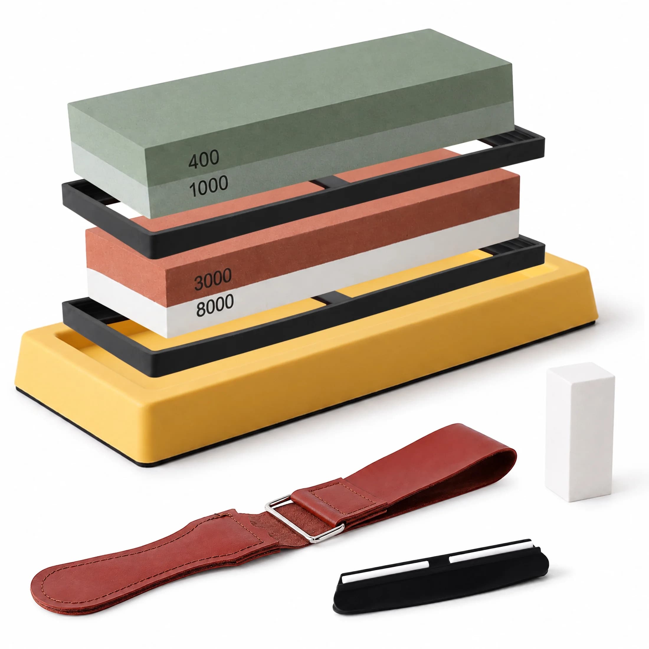 Aovky Knife Sharpening Stone Set, 400/1000 3000/8000 Grit Whetstone Knife Sharpener Kit with Non-Slip Plastic Base, Leather Strop, Flattening Stone & Angle Guide