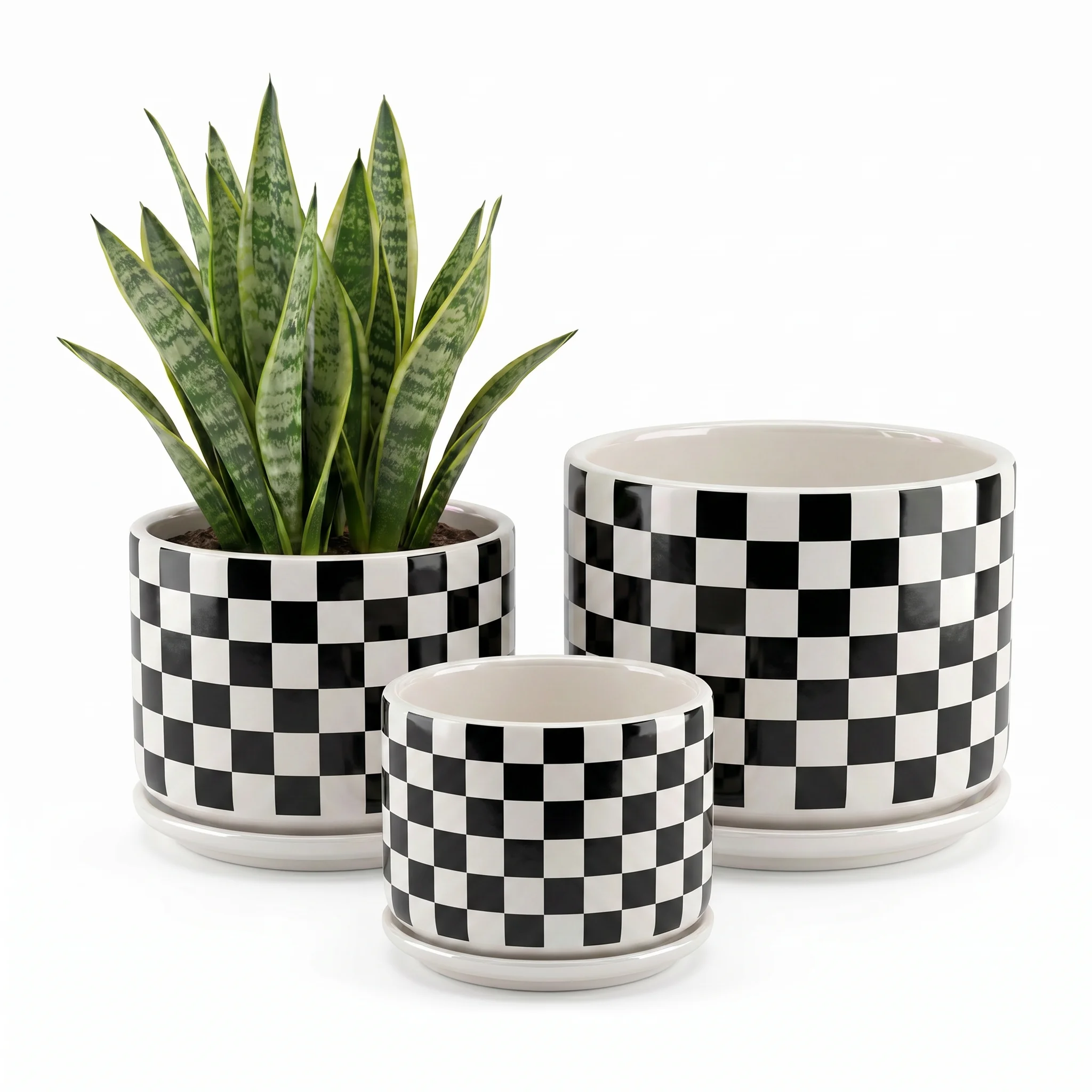BUYMAX 4+5+6 inch Set of 3 Ceramic Planters, Black & White Checkerboard Flower Pots with Drainage Hole