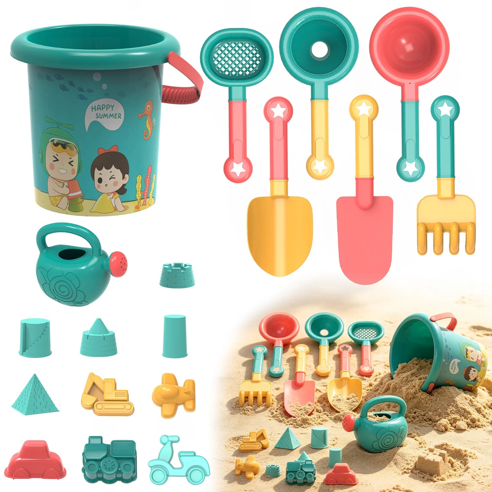 Beach Toys for Kids, Sand Toys Set Includes Sand Bucket Watering Can Shovel and Sand Rake Toy for Beach 18 Pcs, Beach Sand Toy for Toddler