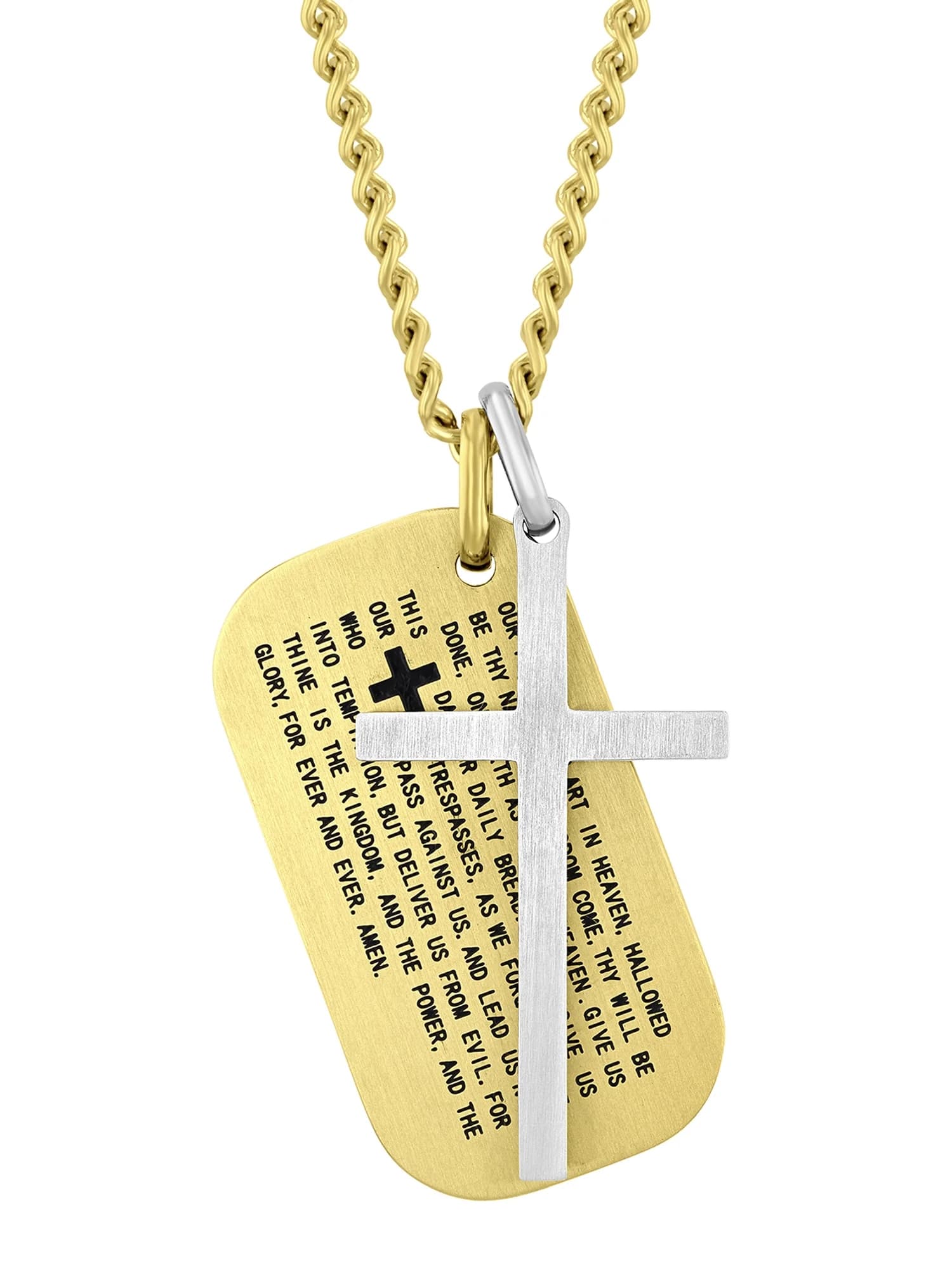 Men's Stainless Steel Two-Tone Lord's Prayer Dog Tag and Silver-Tone Cross Pendant