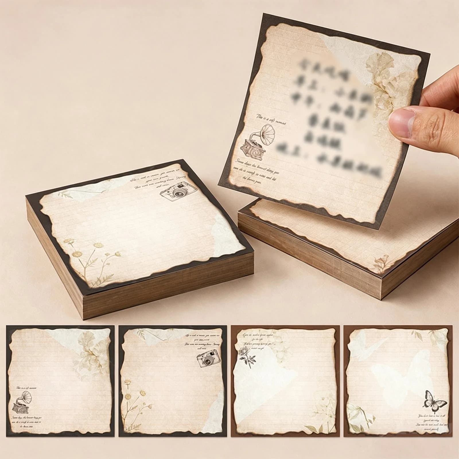 Byujiro Vintage Decorative Sticky Notes 4 Pack Retro Style Self‑Adhesive Memo Pads, Torn‑Edge Design Notepads for Journaling, Handwritten Messages, Scrapbook Decoration