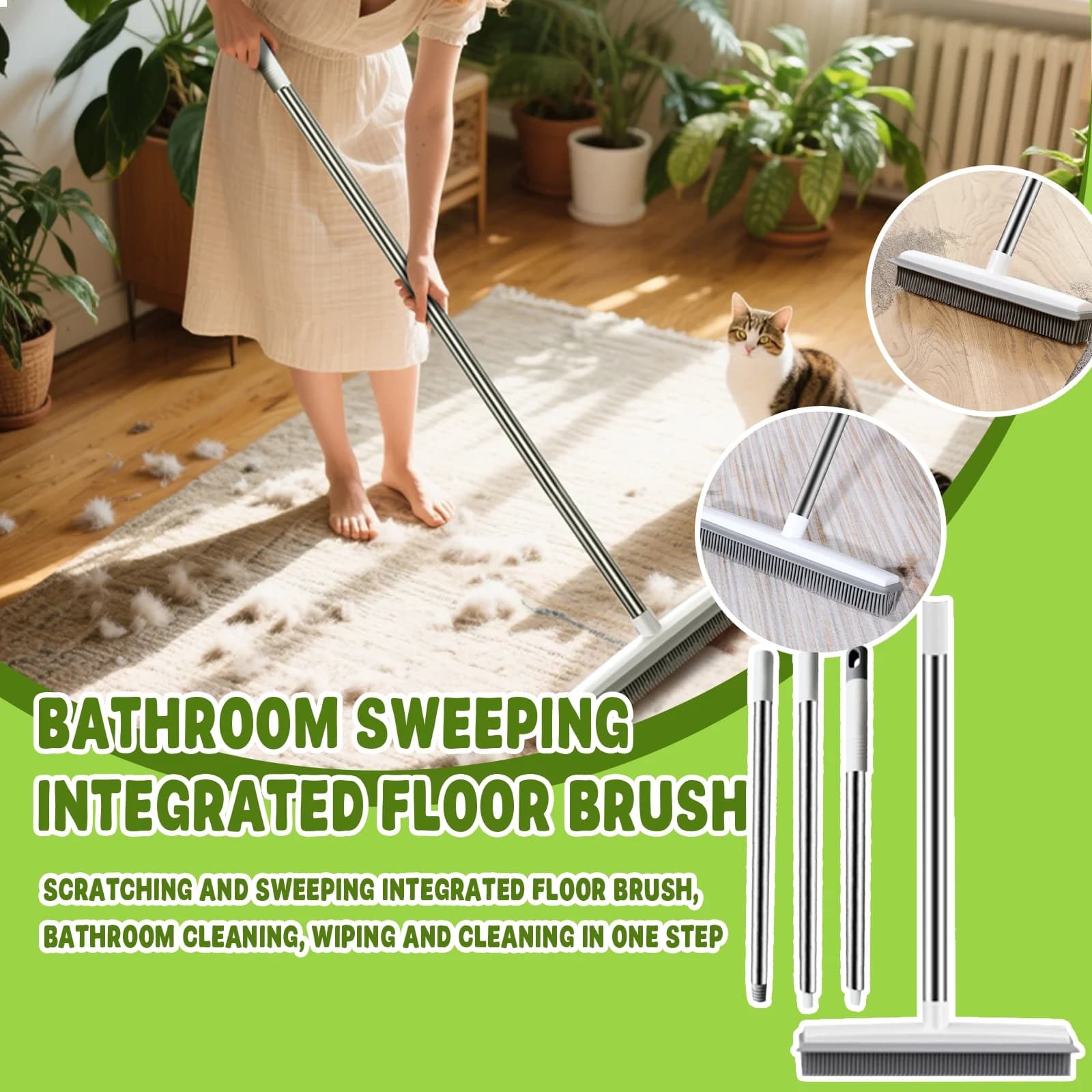 Carpet Rake for Pet Hair Removal 47 Inch Adjustable Long Handle Stainless Steel Scraper Tool for Rugs and Mats Dual Sided Copper and Tpe Bristle Brush Kit for Home Use