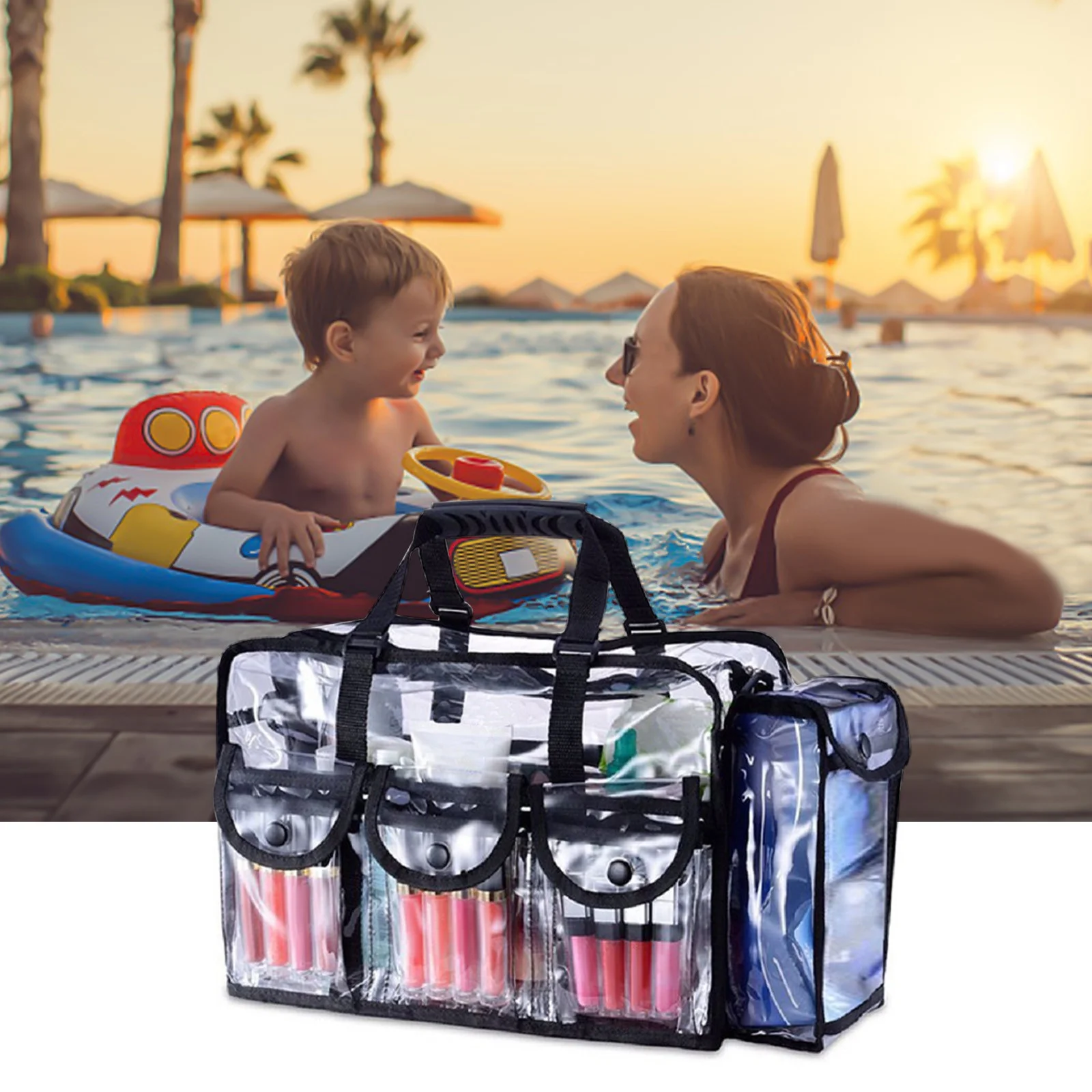 Clear Travel Bag Large Makeup Bag PVC Cosmetic Storage Bag with Shoulder Strap and Handles, Transparent Organizer for Beauty Accessories, Cosmetics and Personal Items for Home and Travel