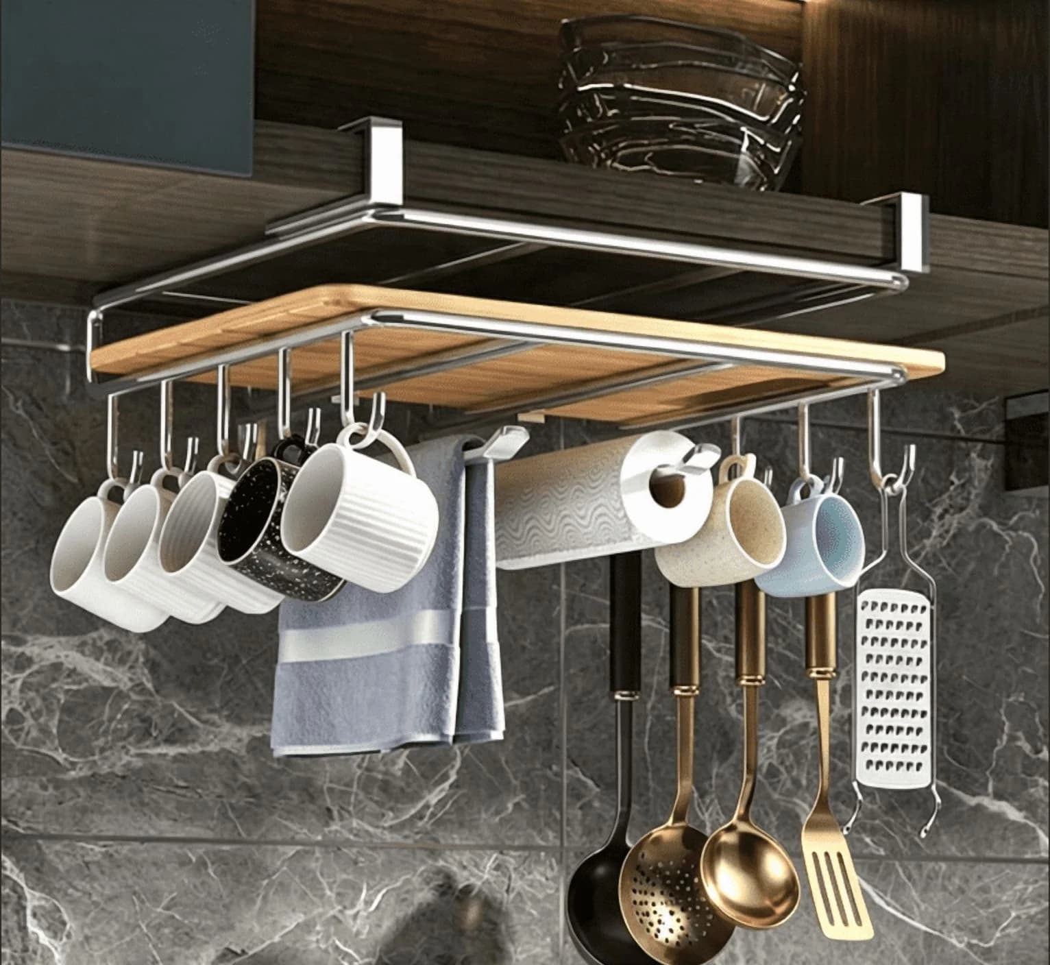 Under Cabinet Mug Holder, 10-Hook Stainless Steel Cup Organizer Rack, 10.5 x 10.1 In