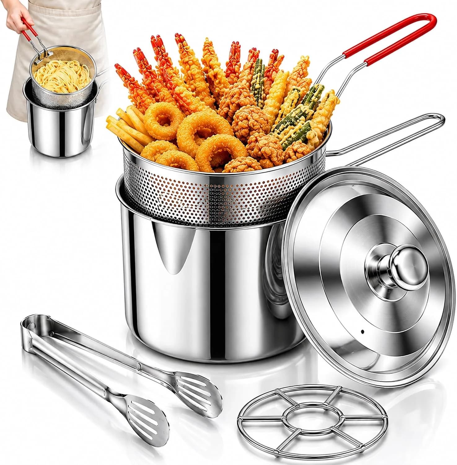 Deep Fryer Pot Set, Multifunctional 304 Stainless Steel Fryer, Mini Deep Fryer with Basket & Strainer, Oil Filter Pot, for French Fries, Fries Taro Ball, Fried Chicken Wings, Fried Fish