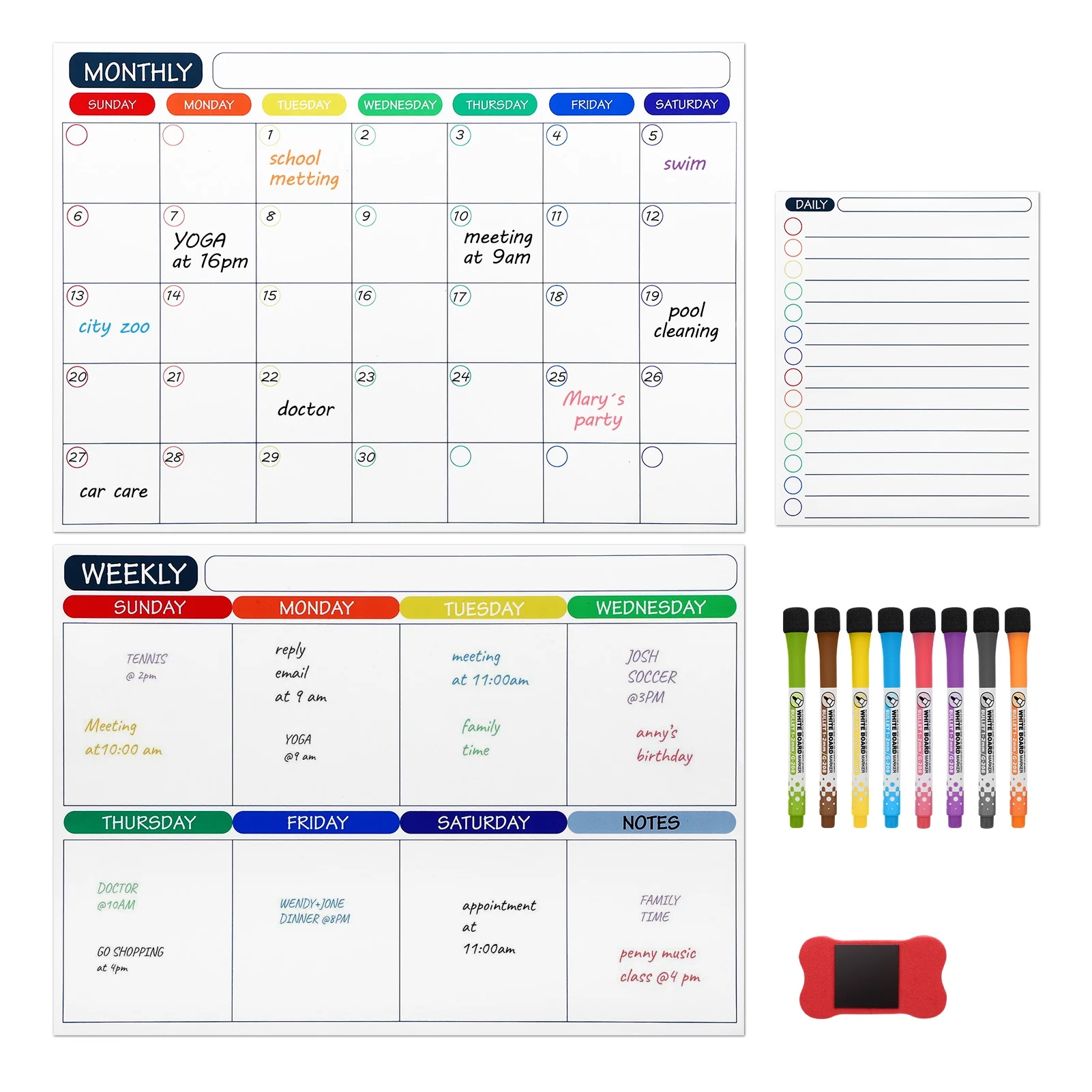 Dry Erase Magnetic Calendar for Refrigerator, 3 Pack Monthly & Weekly & Daily Planner Magnet Whiteboard for Fridge Wall Door, with 7 Markers and Eraser, Shopping, Meal/Menu, To Do List