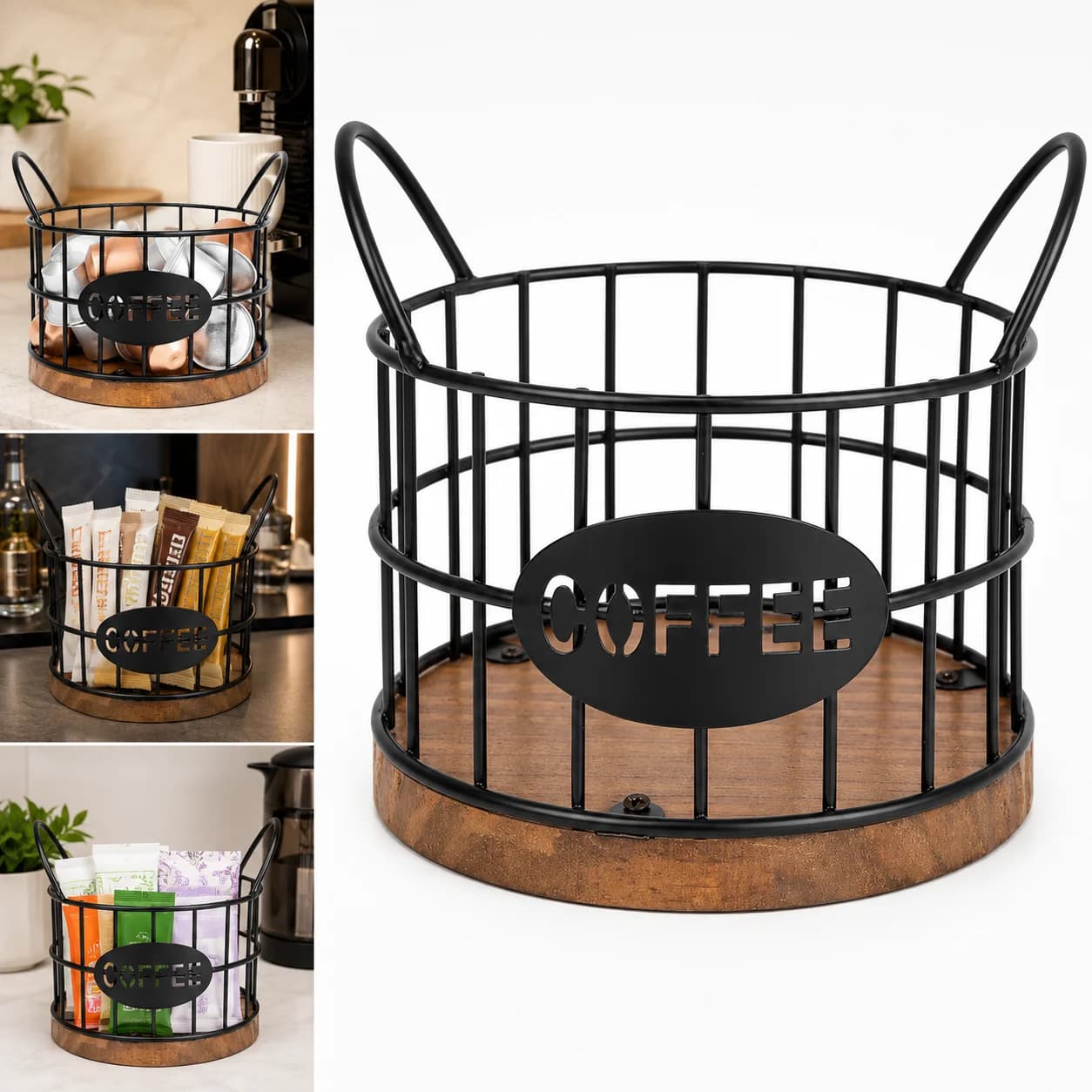 Emlimny Coffee Pods Holder for Countertop, Holder Organizer, Sturdy Kcup Storage Basket with Wooden Base, Pods Container for Kitchen Bar Counter Office Desktop