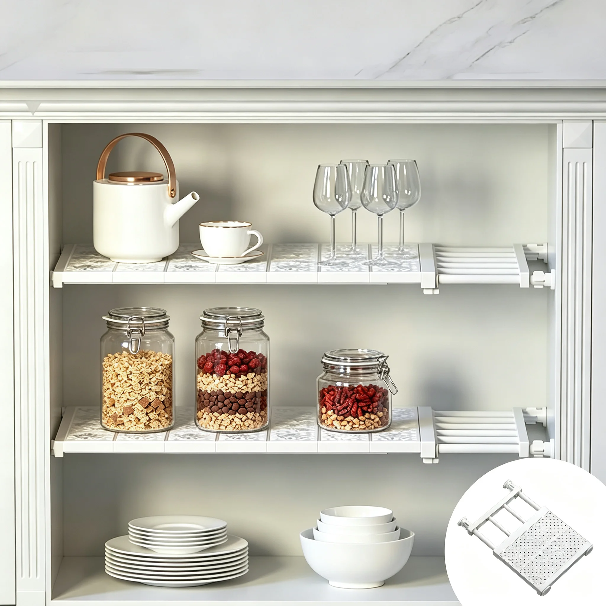 Expandable Wardrobe Shelf Divider Organizer - Adjustable Cabinet Partition Board Stackable Storage Shelf for Closet, Kitchen, Pantry, Cupboard - No Drill Installation Space Saver for Clothes, Shoes