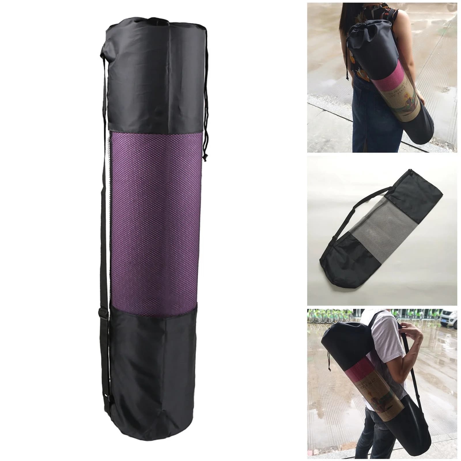 Extra Large Yoga Mat Bag, Black, 30x90cm, Cloth, Breathable Mesh, Fits Thick Mats, Reinforced Straps, Quick-Dry Fabric, Ideal for Yoga, Pilates, and Camping Gear.