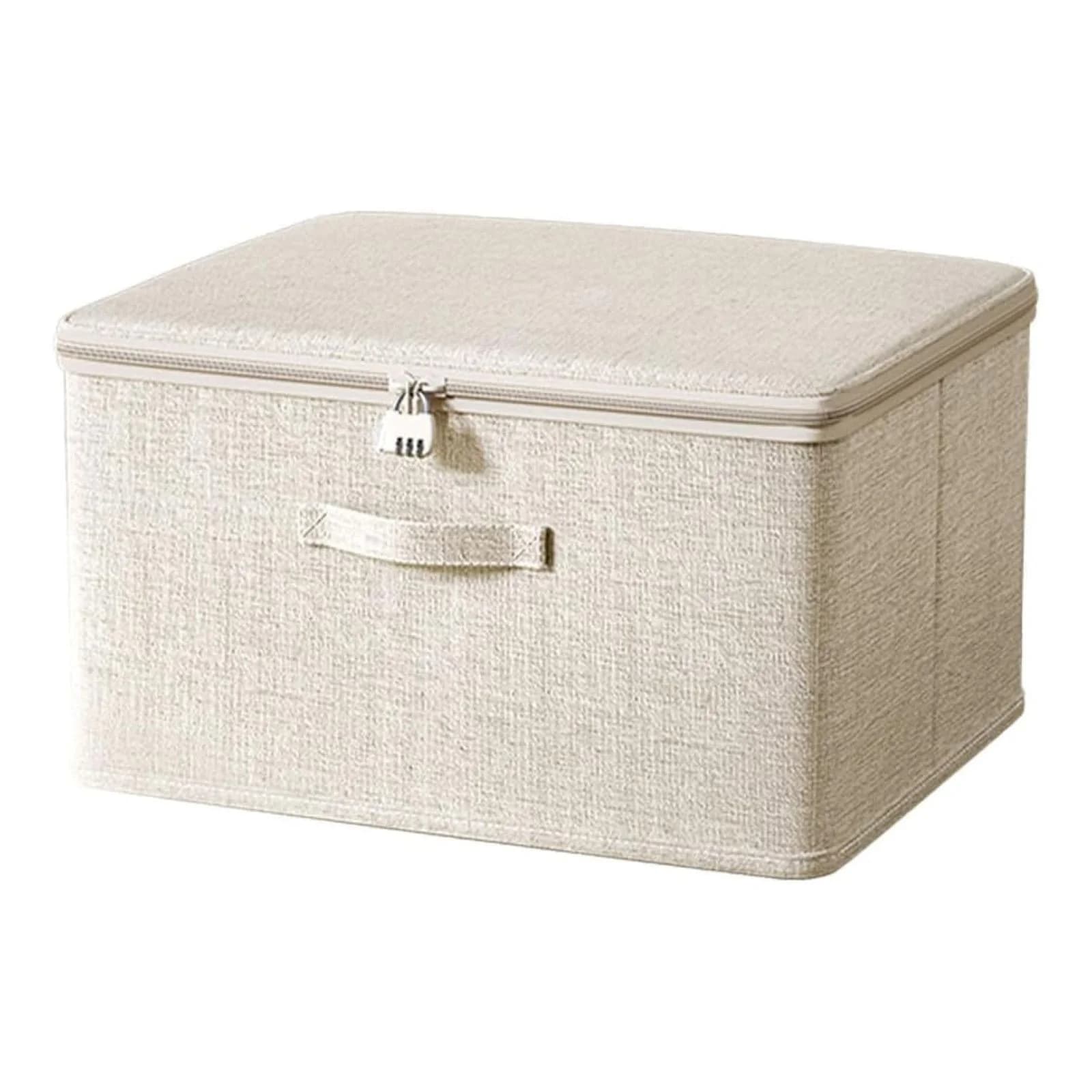 Fabric Storage Box with Lockable Lid, Sturdy Organizer for Clothes Toys Household Items, Stackable Closet Container with Handle (Khaki, M)
