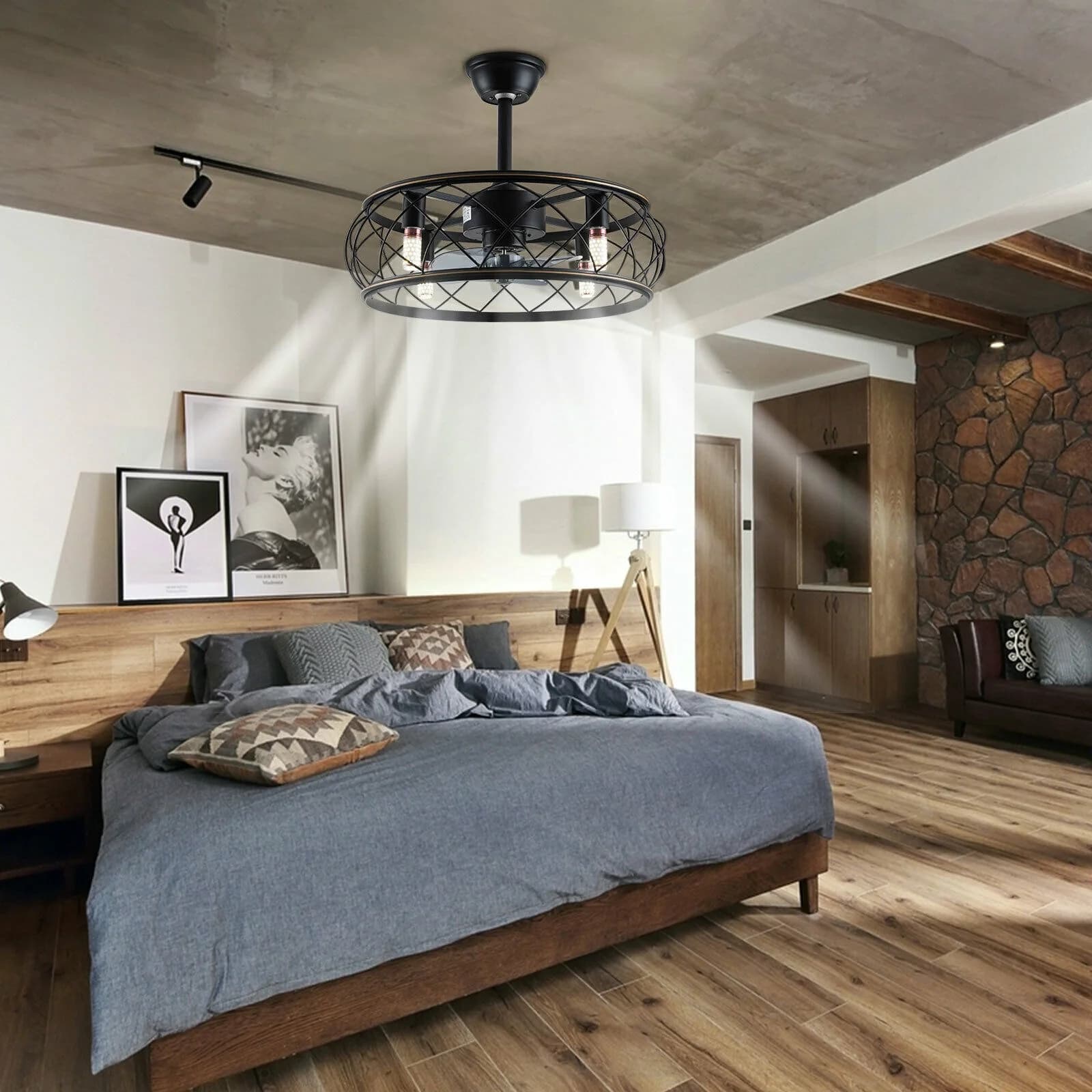 Fichiouy Lámpara de Ventilador de Techo de 18" Lámpara de Candelabro con Ventilador Enjaulado Indutrial con Control Remoto 110V