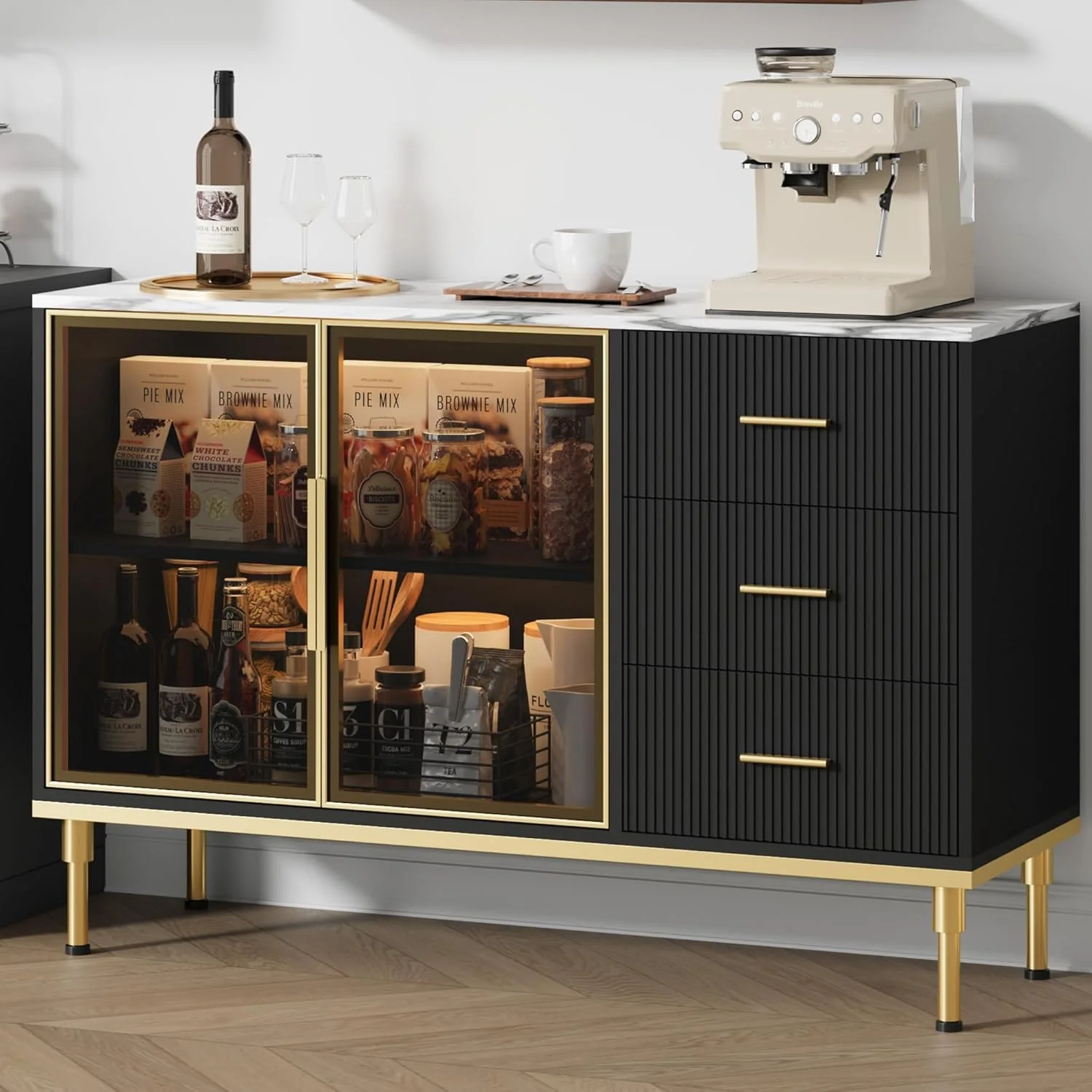 Fluted Sideboard Buffet Cabinet with 3 Drawers & 2 Glass Doors - Storage Cabinet for Kitchen Dining Room Living Room Entryway Bar Coffee Station,Black