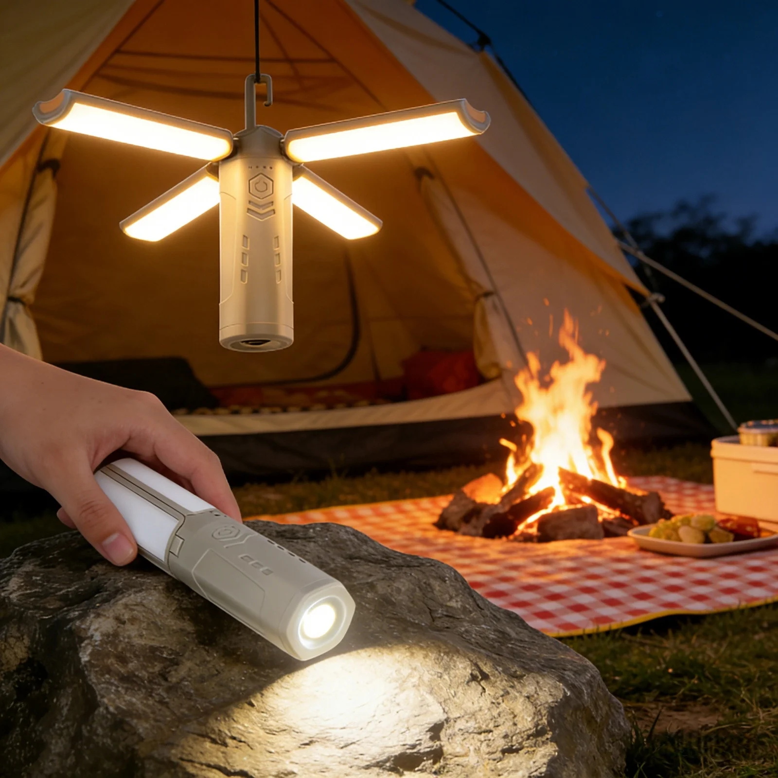 Folding Camping Light, Rechargeable LED Lantern with 5 Modes, Portable Flashlight Power Bank, Magnetic Base & Hanging Hook for Outdoor Hiking, Tent, Emergency, USB-C Work Light