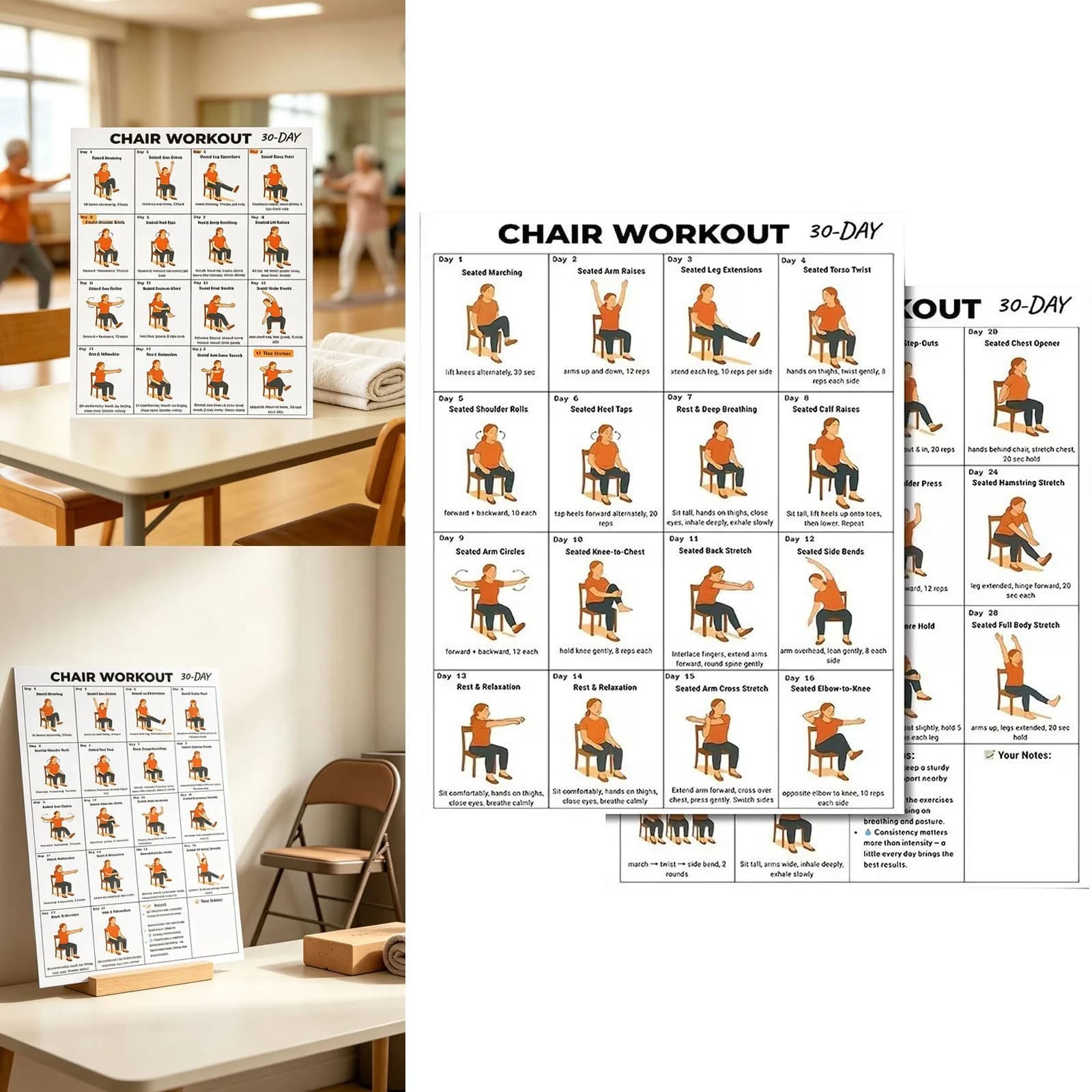 Forestwhale Seated Chi Workout Chart Printable Wall Exercise Poster 30-Day Gentle Routine for Home