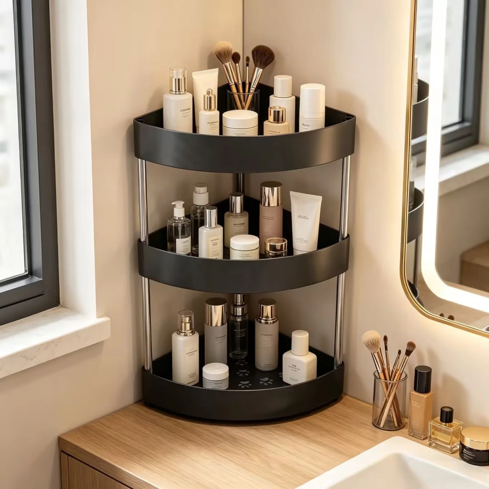 Gaqring Countertop Spice Rack, Multi-Tier Desktop Organizer Triangular Corner Cosmetic Shelf, Sturdy Plastic Storage Rack for Kitchen Bathroom Vanity, Black