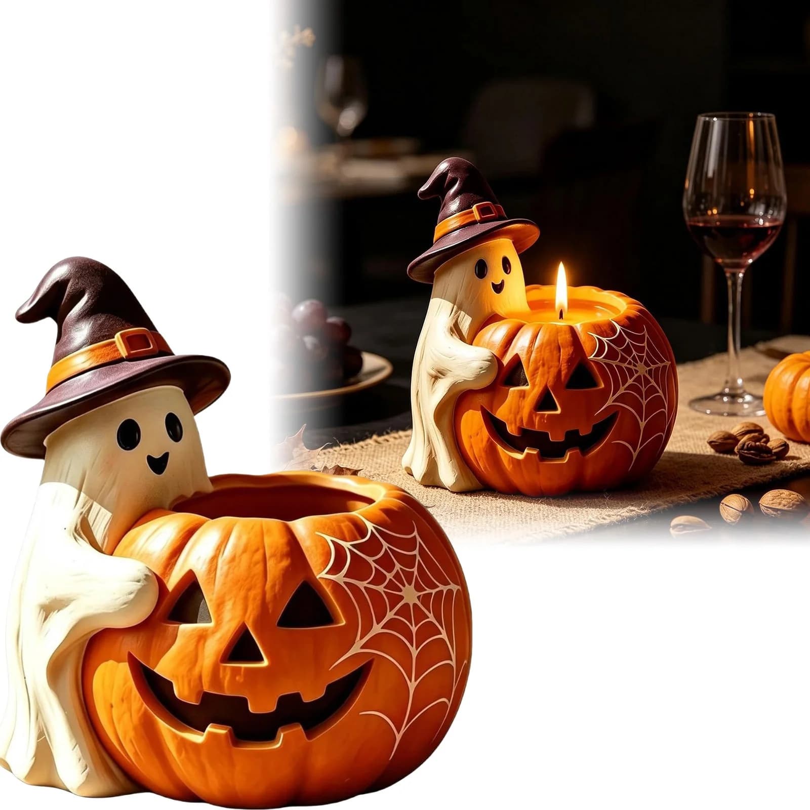 Halloween Ghost And Pumpkin Desk Organizer, Resin Pen Holder For Home Office, Spooky Tabletop Decoration For Shelf And Windowsill,Orange,8.5X7.4Cm