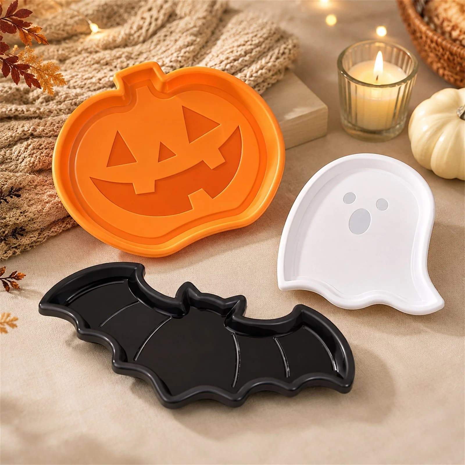 Juego de Bandejas para Servir de Halloween, Set de 3, Platos de Snacks de Plástico con Calabaza y Fantasma
