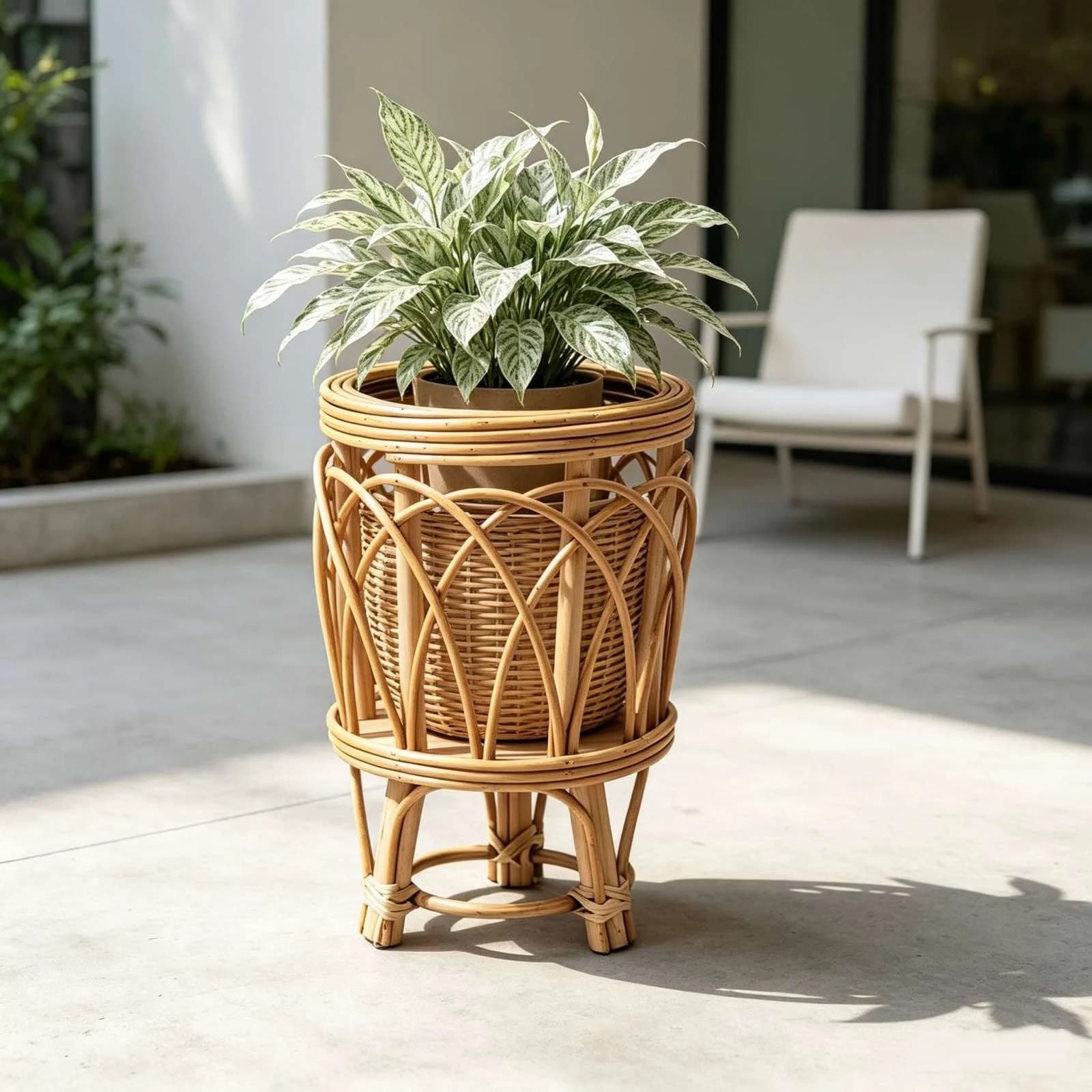 Hand Woven Rattan Plant Stand, Round Raised Flower Pot Holder for Indoor Living Room and Balcony Decor