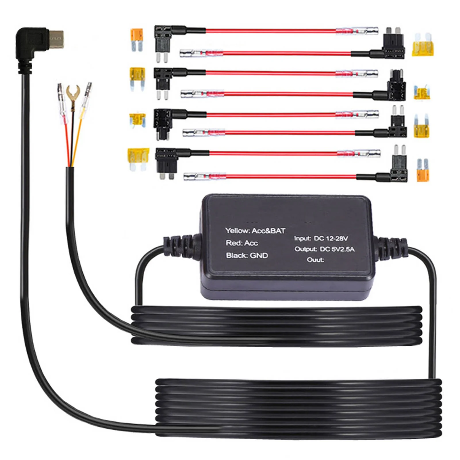 Hardwire Kit for Dash Cam, 12ft Type-C USB, Input 12-24V, Output 5V 2.5A, Low Voltage Protection, Parking Mode