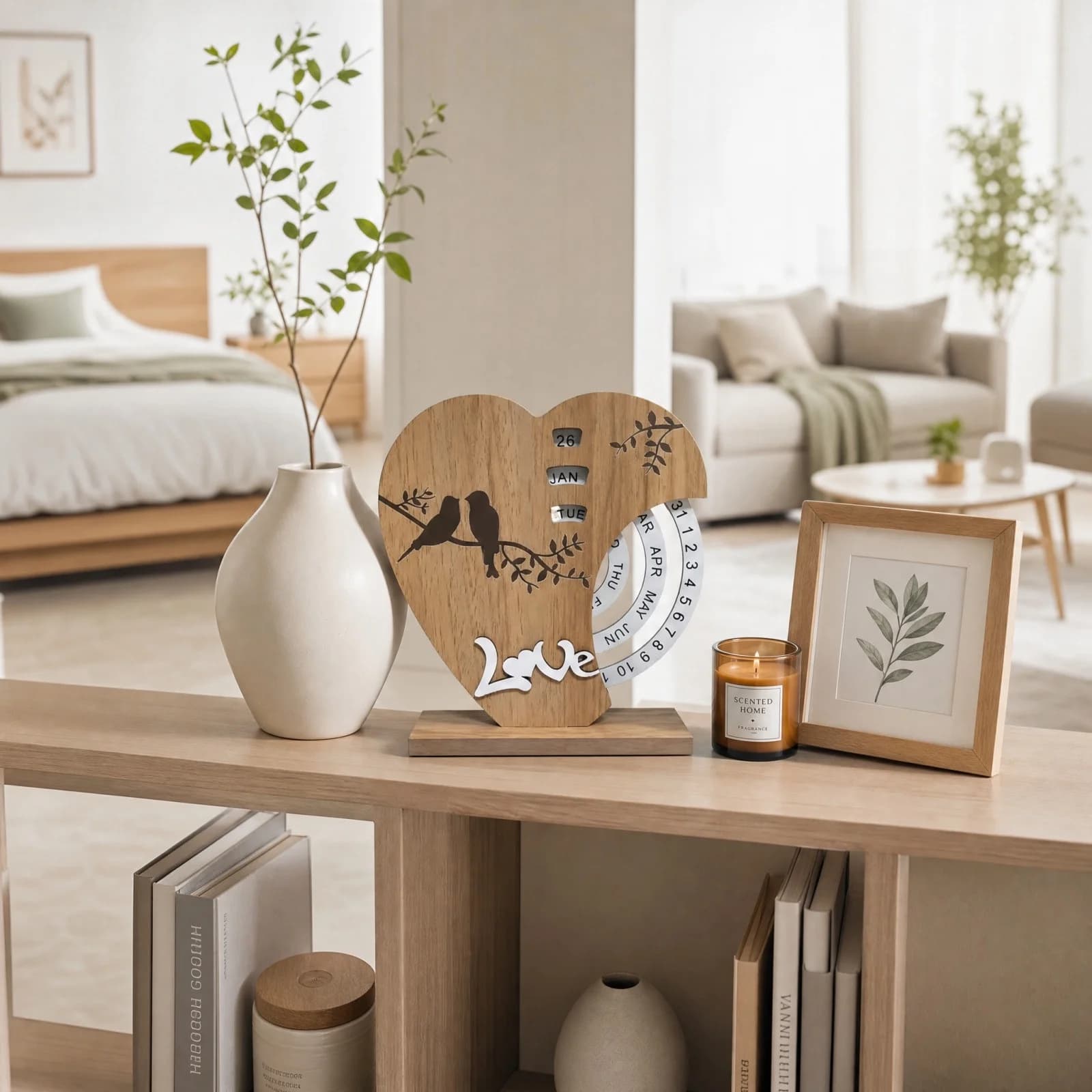 Heart Perpetual Desk Calendar Manual Rotatable Wooden Table Calendar, Heart Shaped Block Date Reminder Ornament Display Accent for Office Study Desk Display