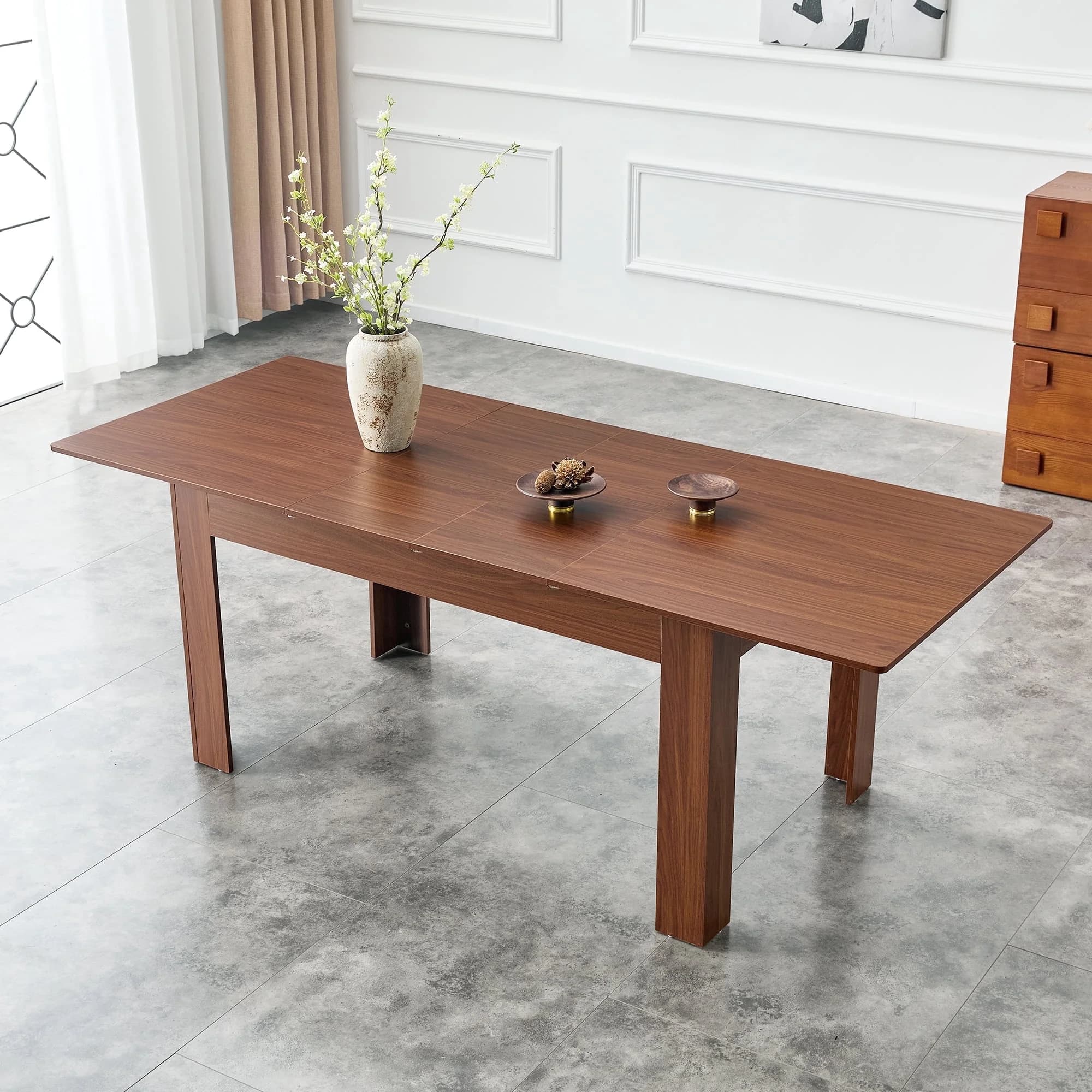 Hi loPres 59"-86.6" Modern Rectangular Walnut Dining Table, Space-Saving Kitchen Furniture with 2 Extension Leaves